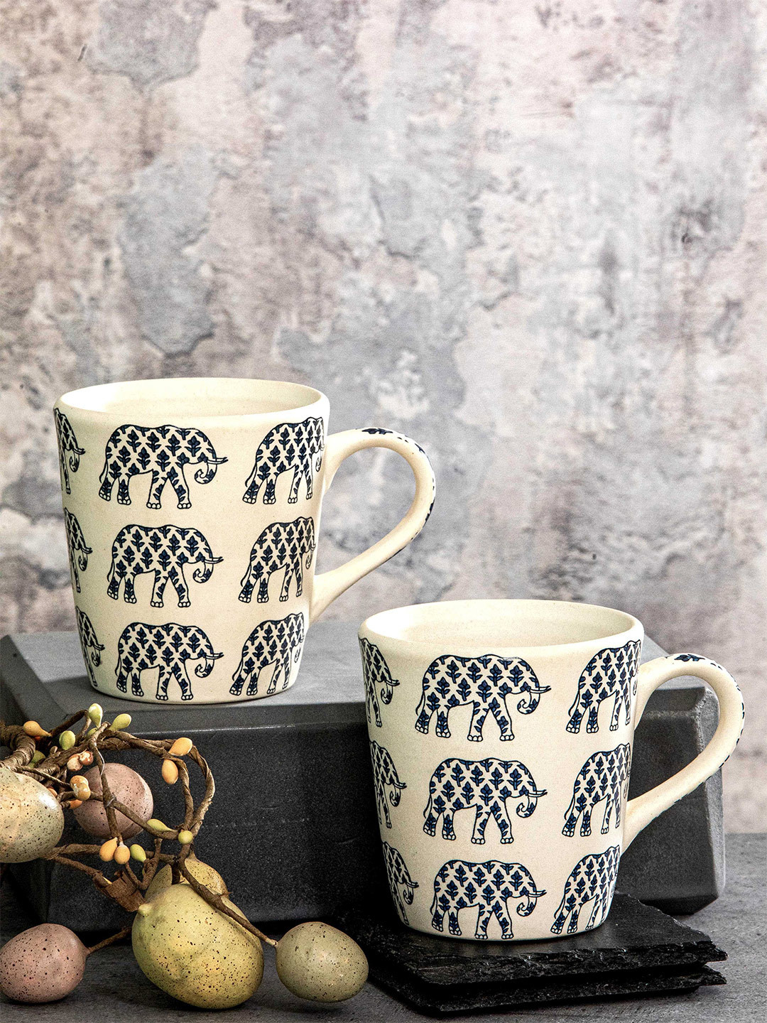 GOODHOMES Rakshabandhan Gift White Animal Print Stoneware Handmade 2 Piece Mugs-310ml