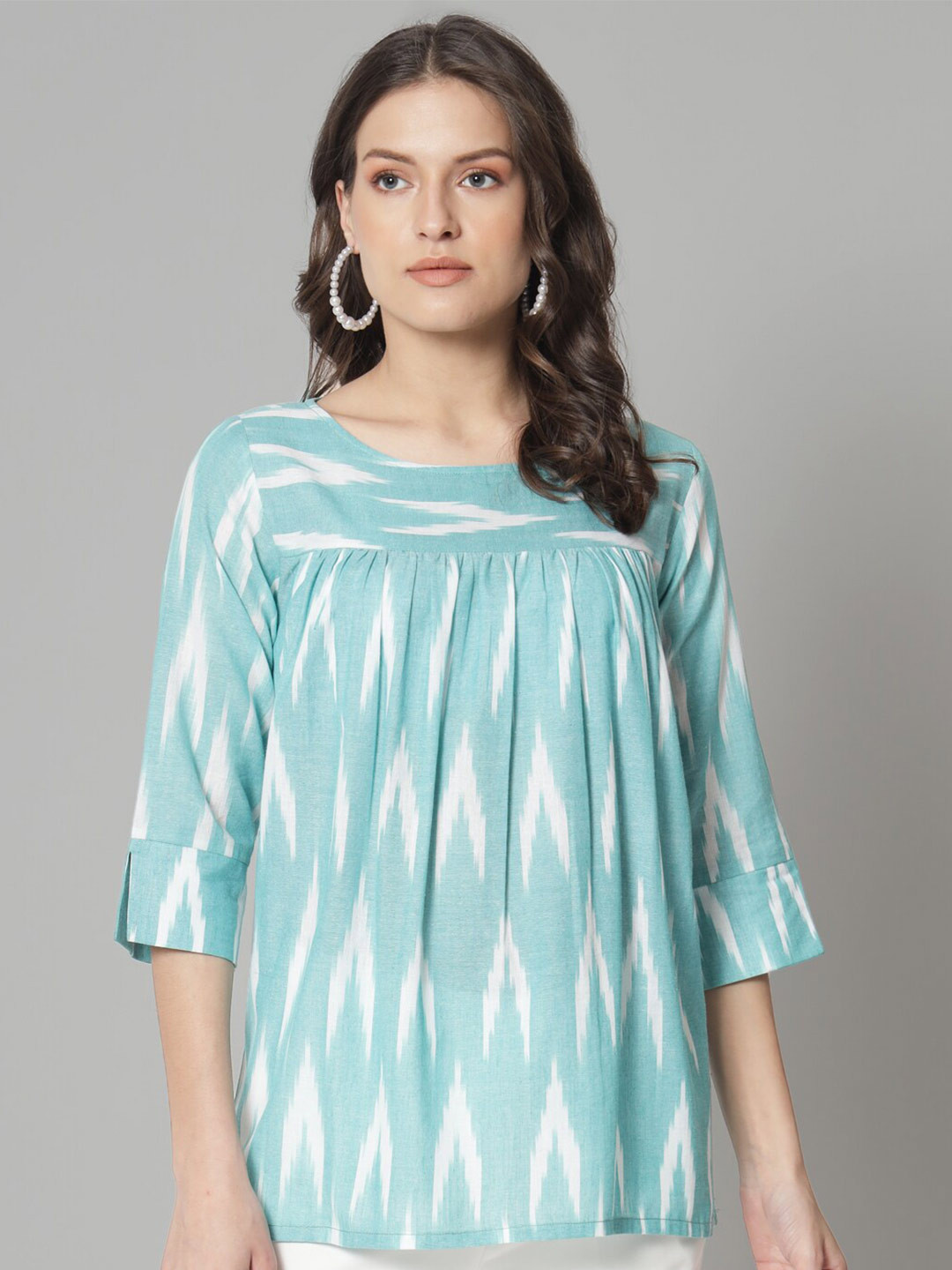 PowerSutra Geometric Printed Gathered Or Pleated Cotton Regular Top