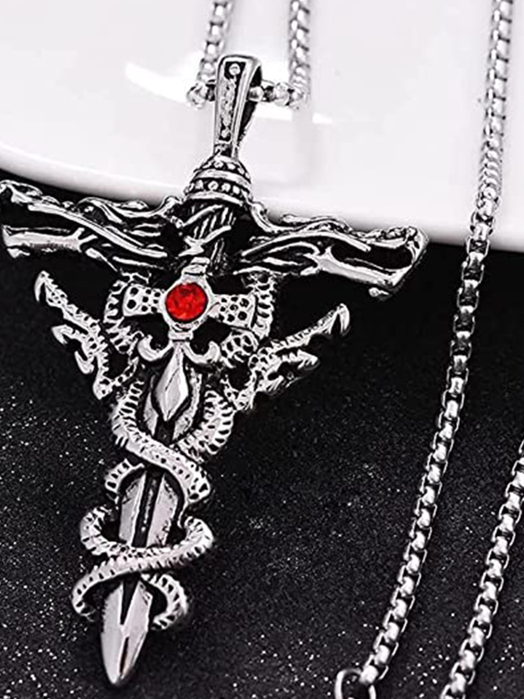 VIEN Silver-Plated Double Dragon Sword Pendant Antique Chain