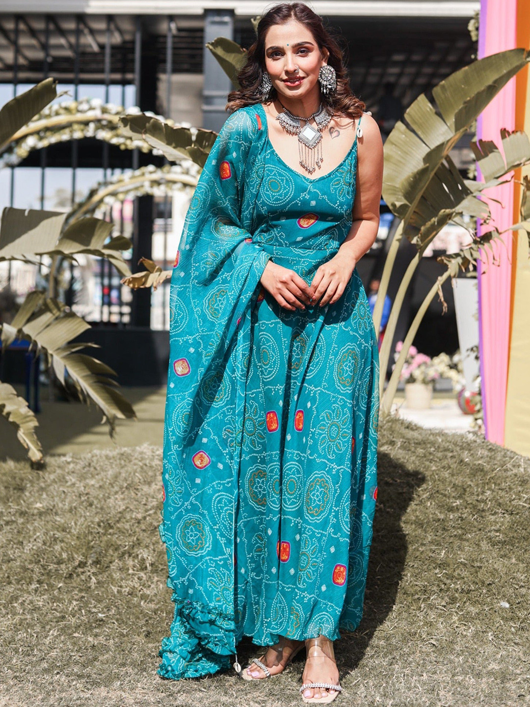 Thread & Button Ethnic Motifs Printed Silk Chiffon Anarkali Kurta & Trouser With Dupatta