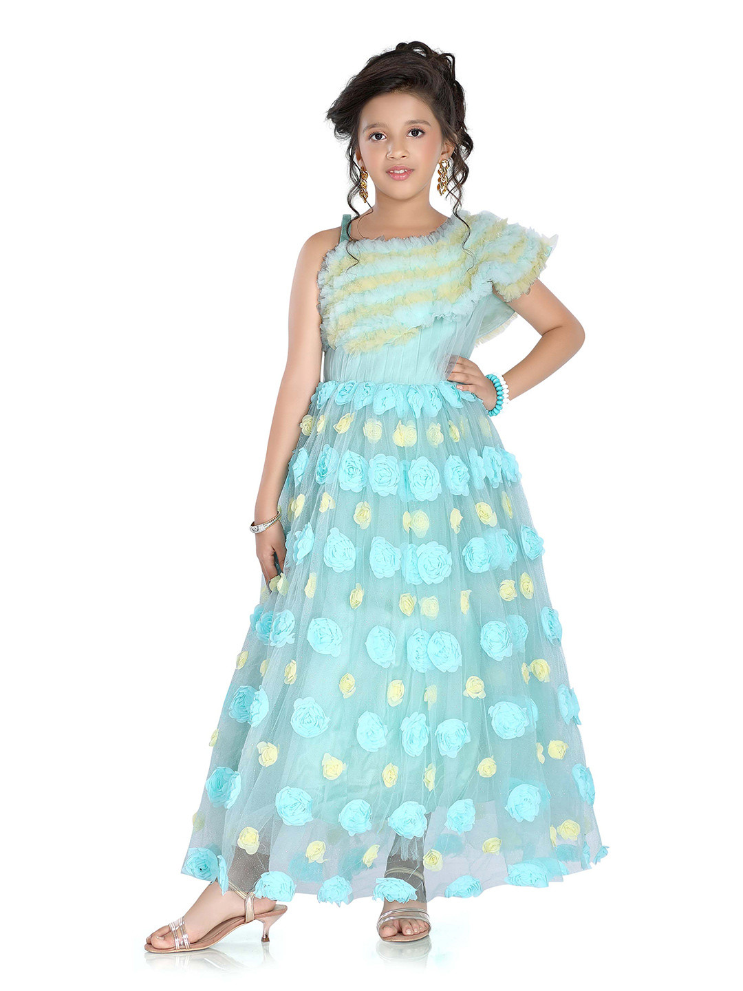 ROVARS Girls One Shoulder Self Design Net Fit & Flare Dress