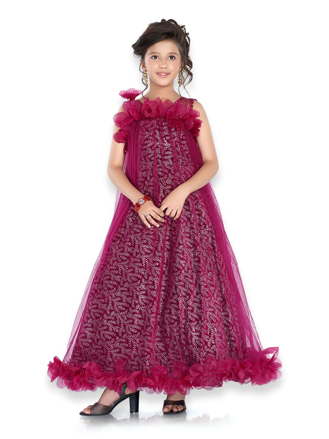 ROVARS Girls Self Design Net Fit & Flare Dress