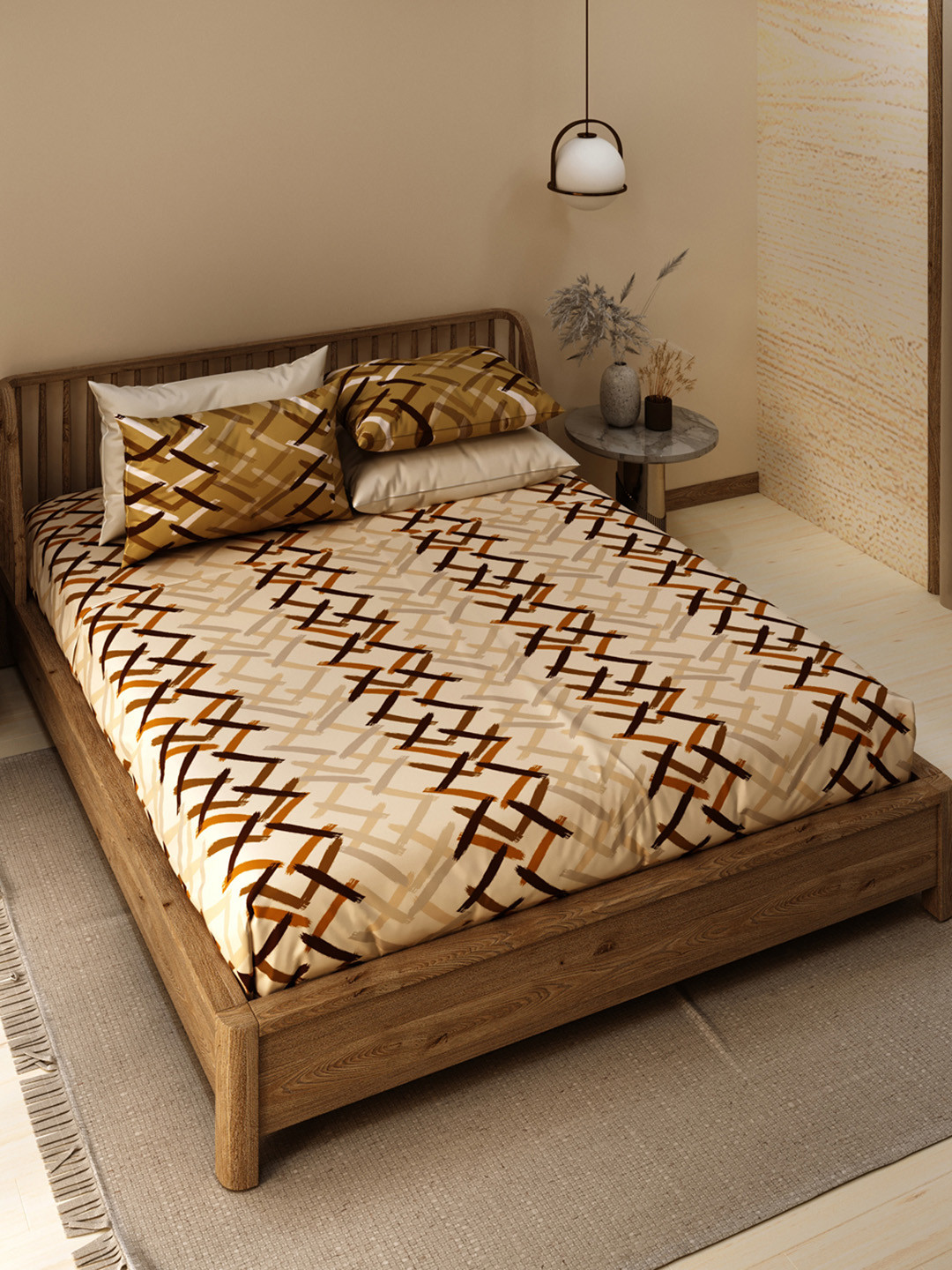 LABHAM Ethnica Brown Ethnic Motifs Cotton 180 TC King Fine Bedsheet with 2 Pillow Covers-108 x 108 inches