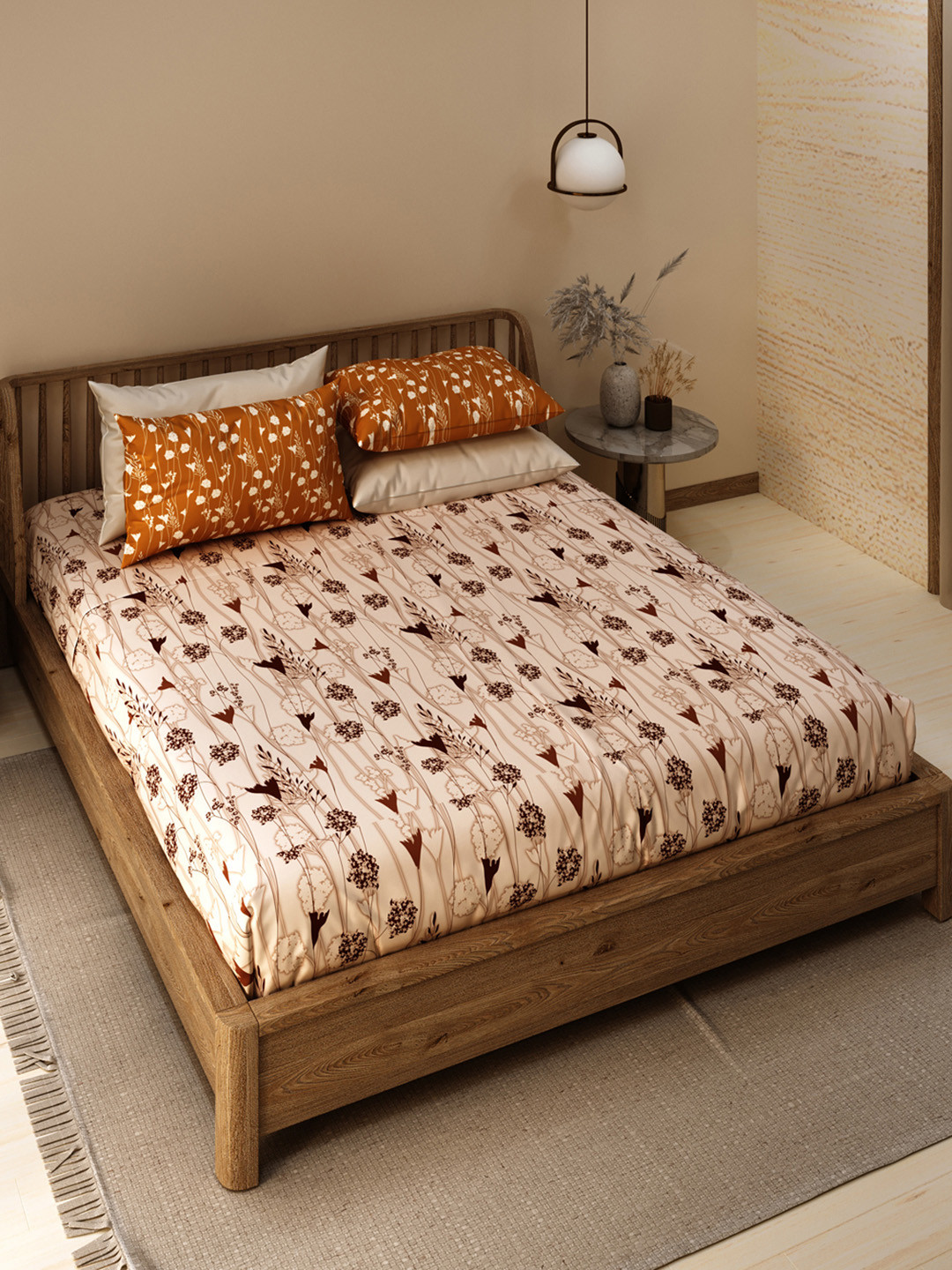 LABHAM Ethnica Brown Floral Cotton 180 TC King Fine Bedsheet with 2 Pillow Covers-108 x 108 inches