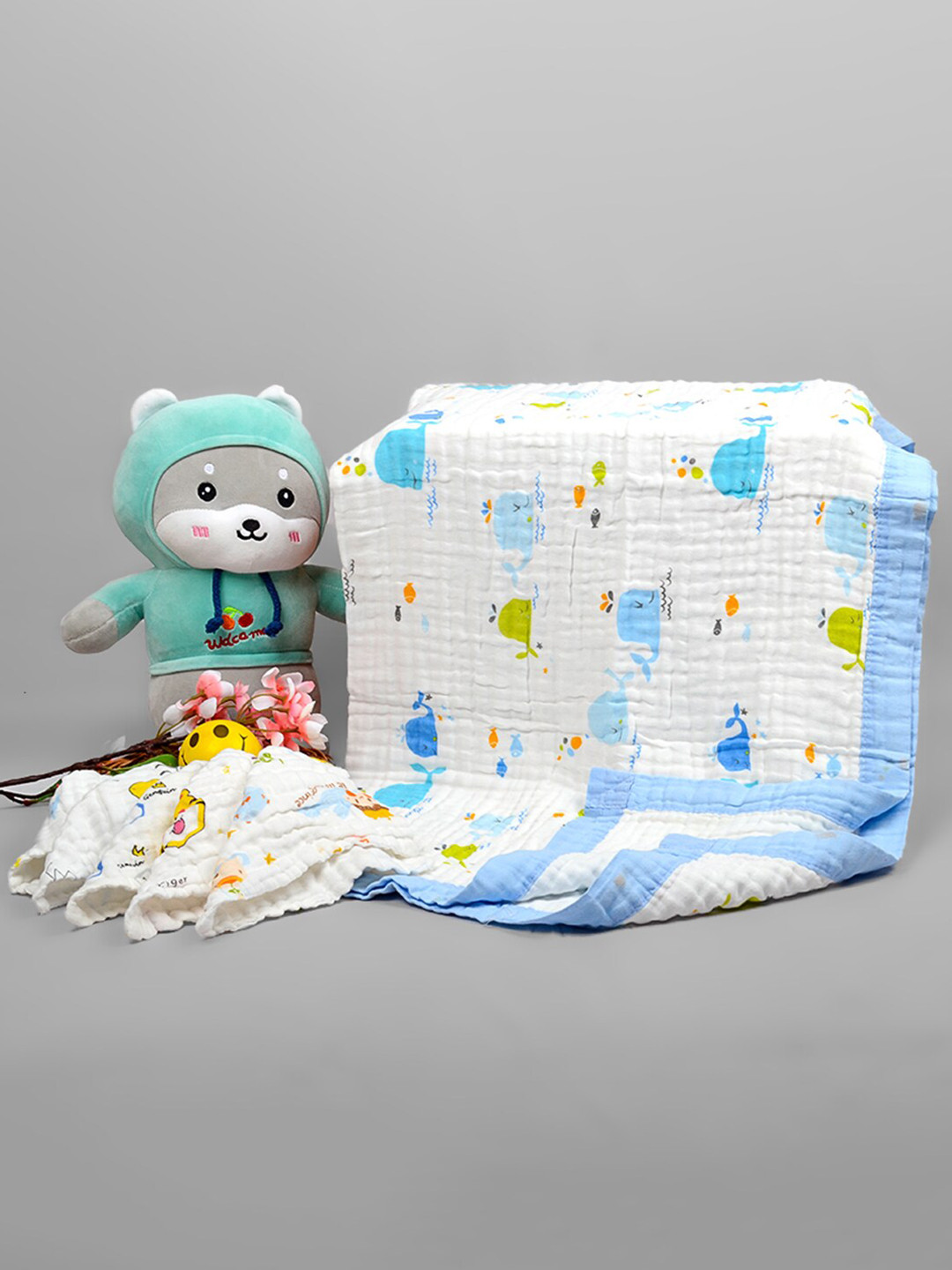 Moms Home Kids White 5 Pieces Printed Summer 500 GSM Organic Cotton Blanket & Napkins