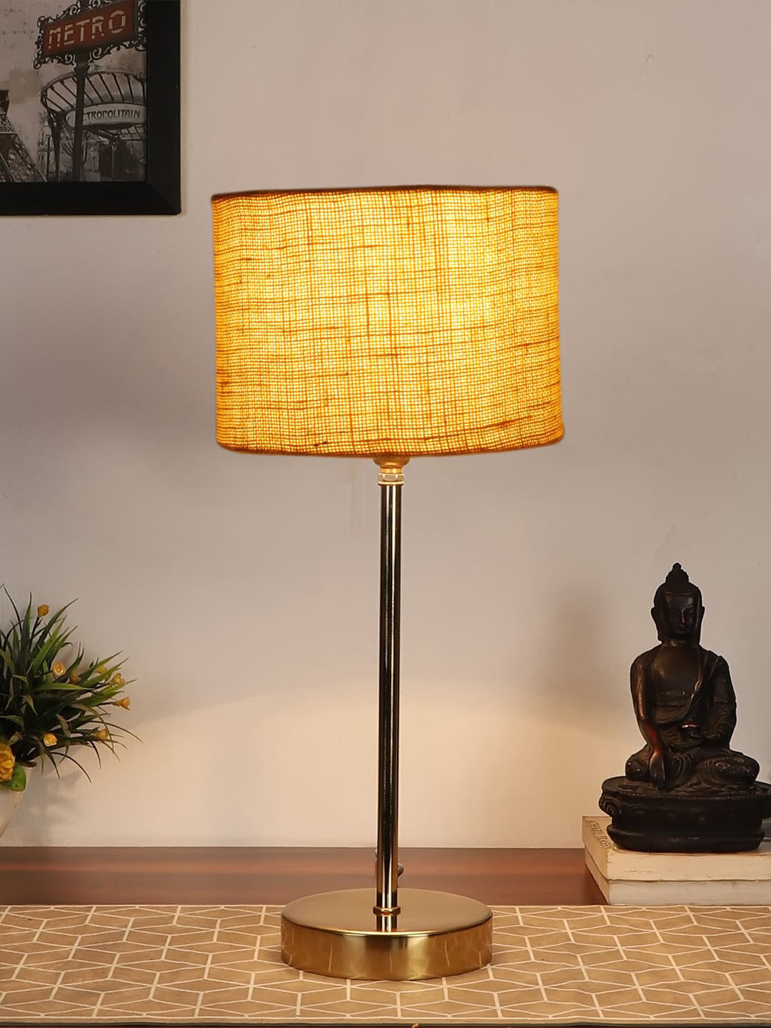 Devansh Yellow & Gold-Toned Metal Floor Lamp With Jute Shade