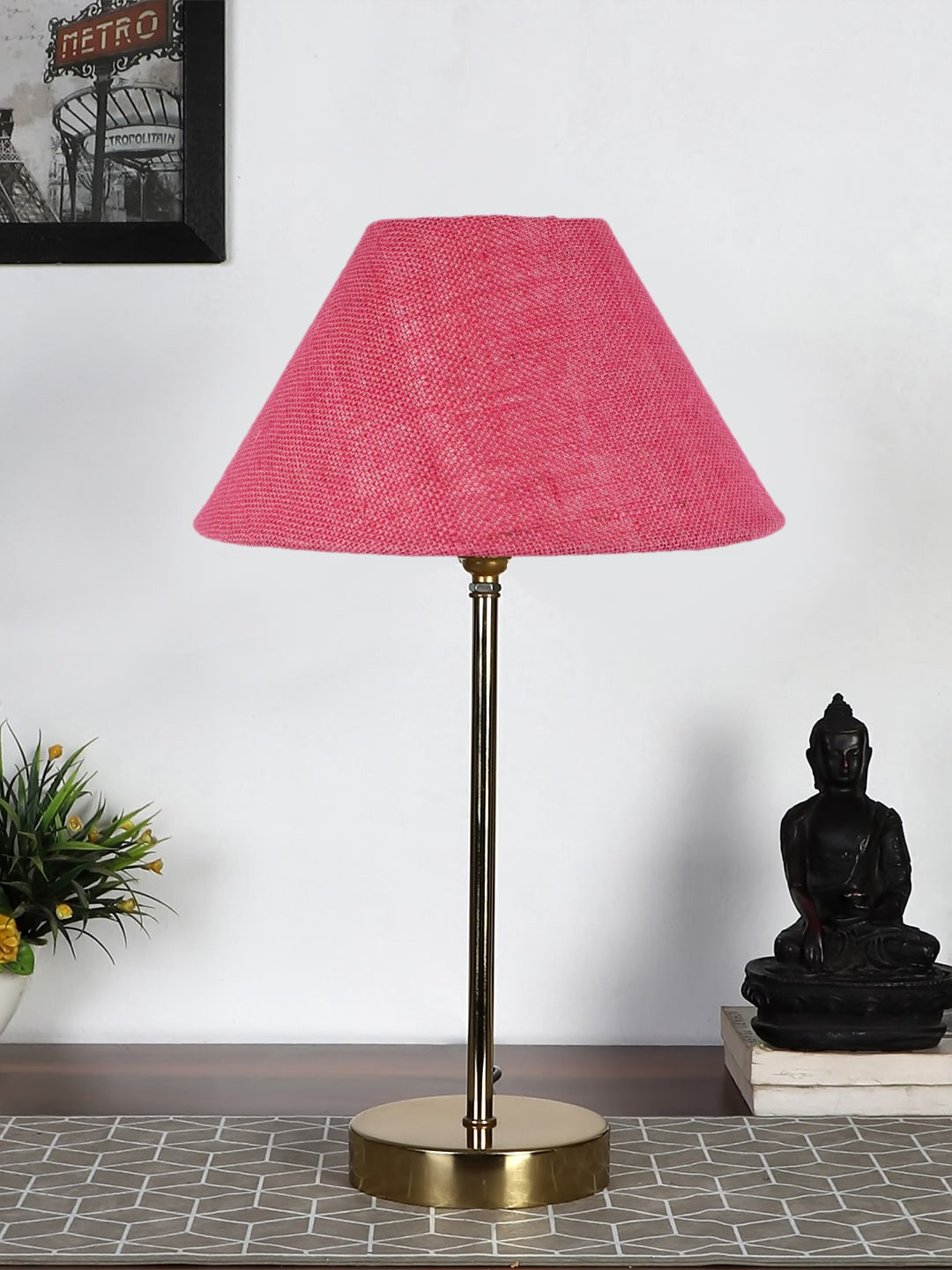 Devansh Pink & Gold-Toned Textured Metal Table Lamp With Jute Shade