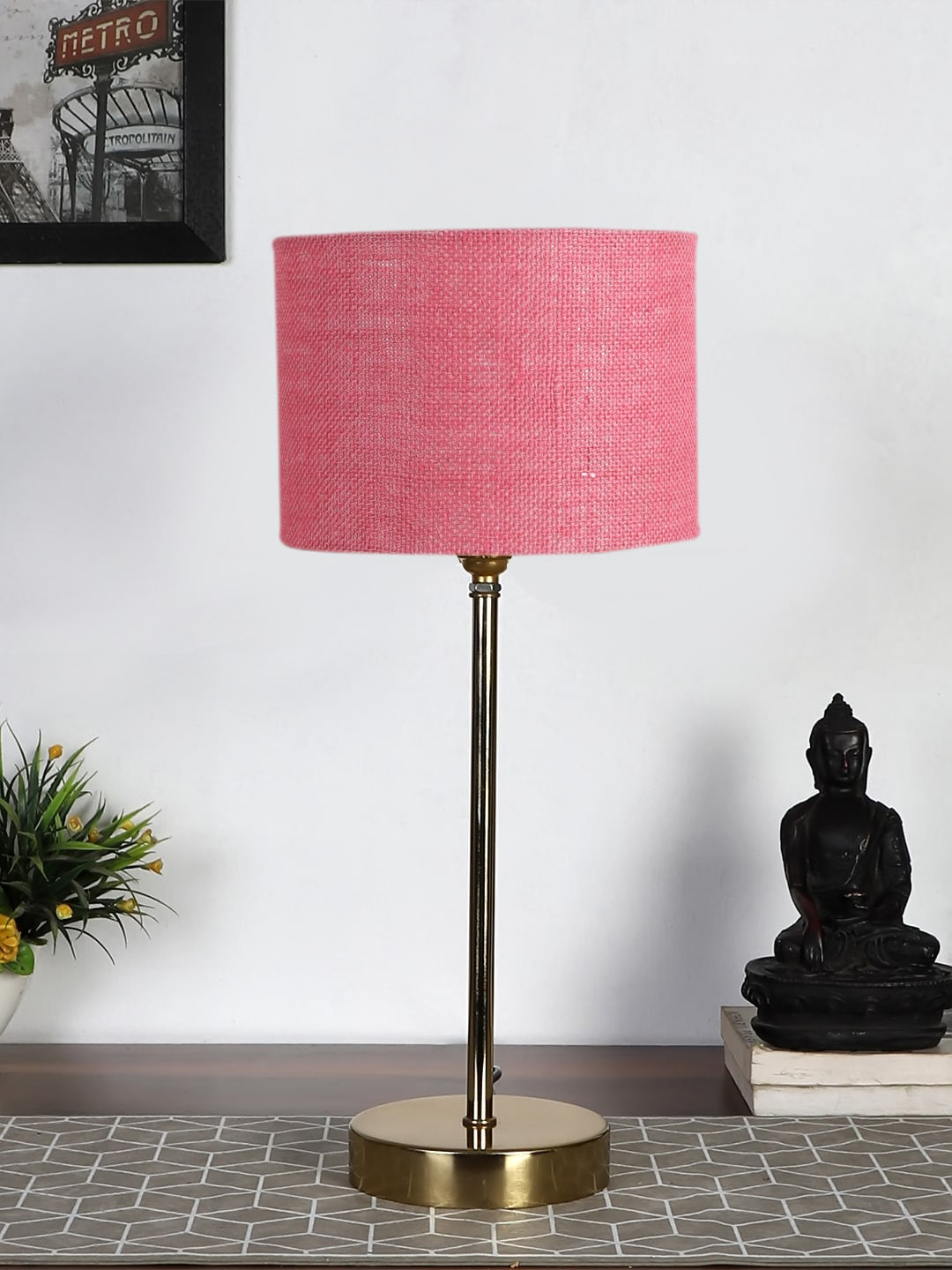 Devansh Pink & Gold-Toned Textured Metal Table Lamp With Jute Shade