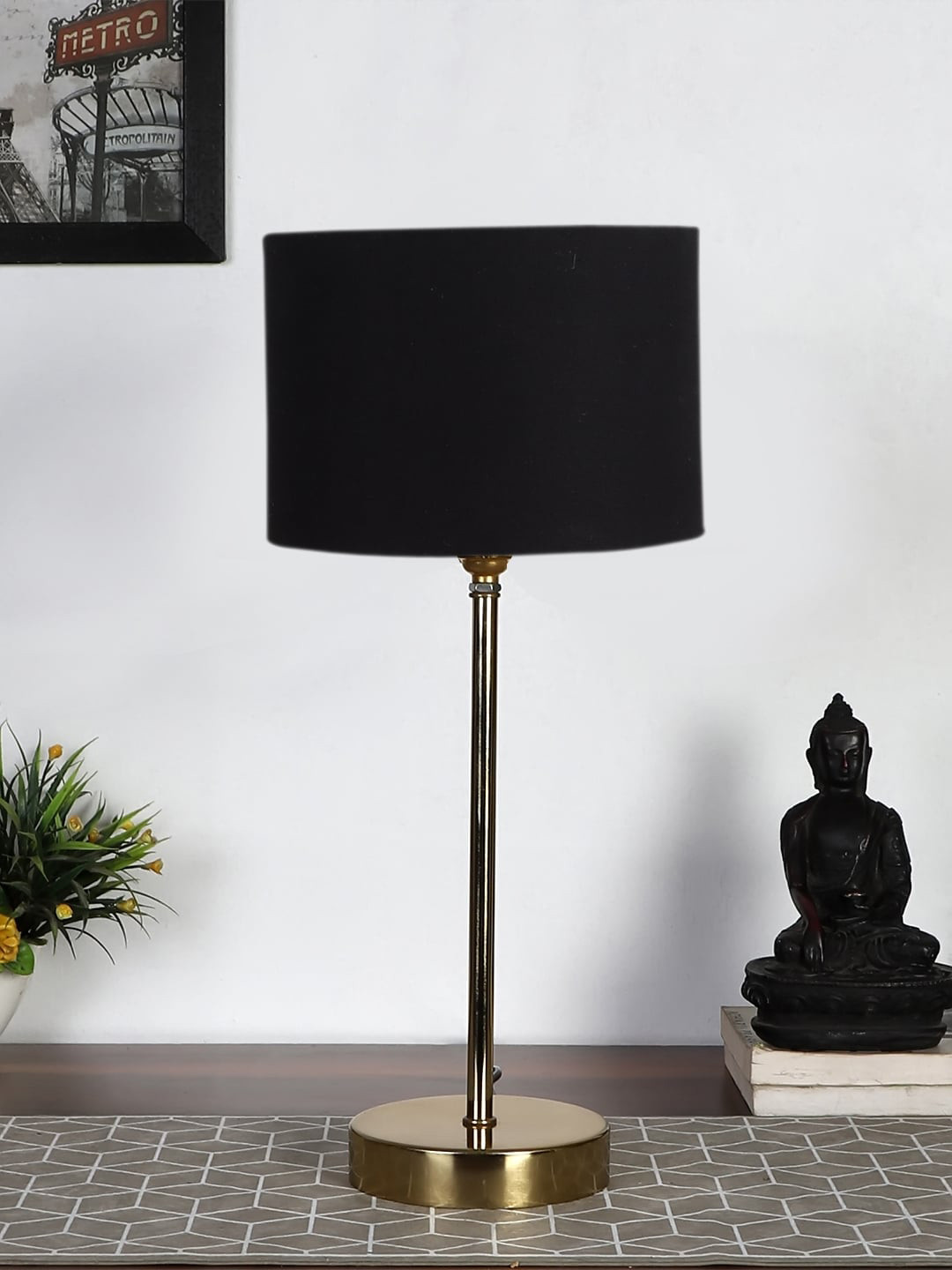 Devansh Black & Gold-Toned Metal Table Lamp With Cotton Shade
