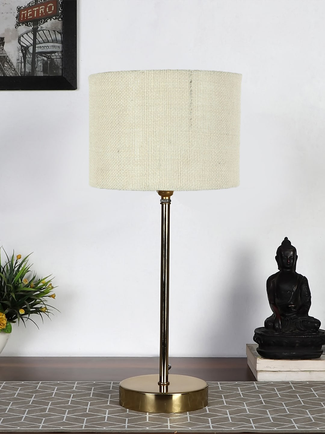 Devansh White Textured Metal Table Lamp With Jute Shade