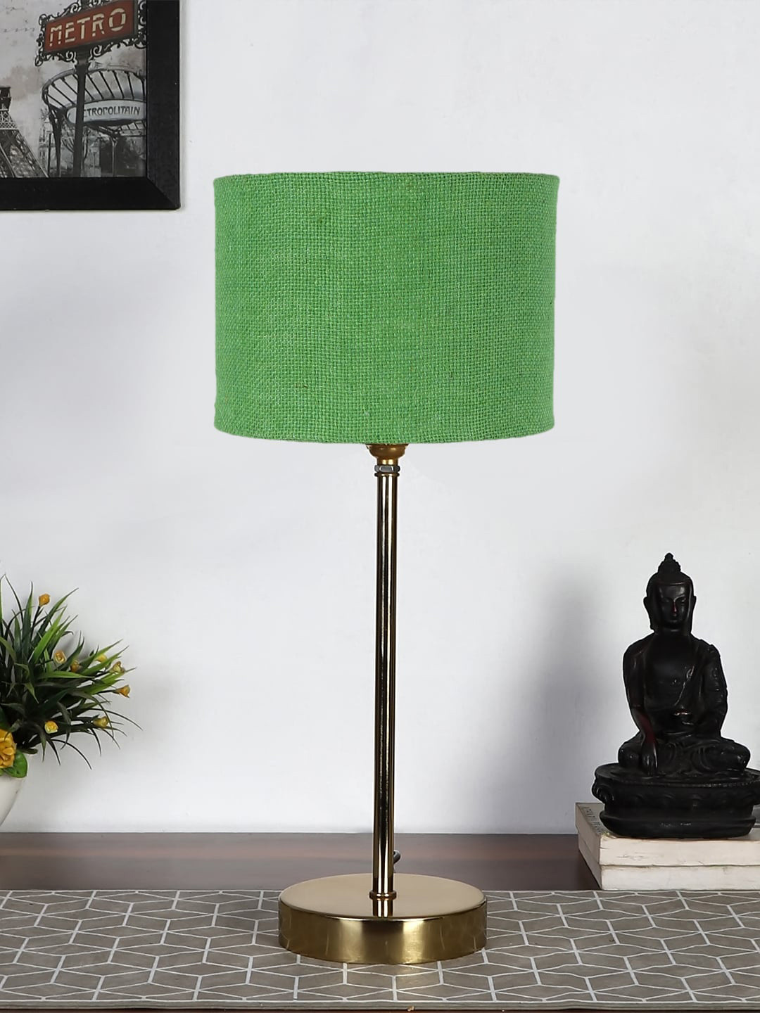 Devansh Green & Gold-Toned Textured Metal Table Lamp With Jute Shade