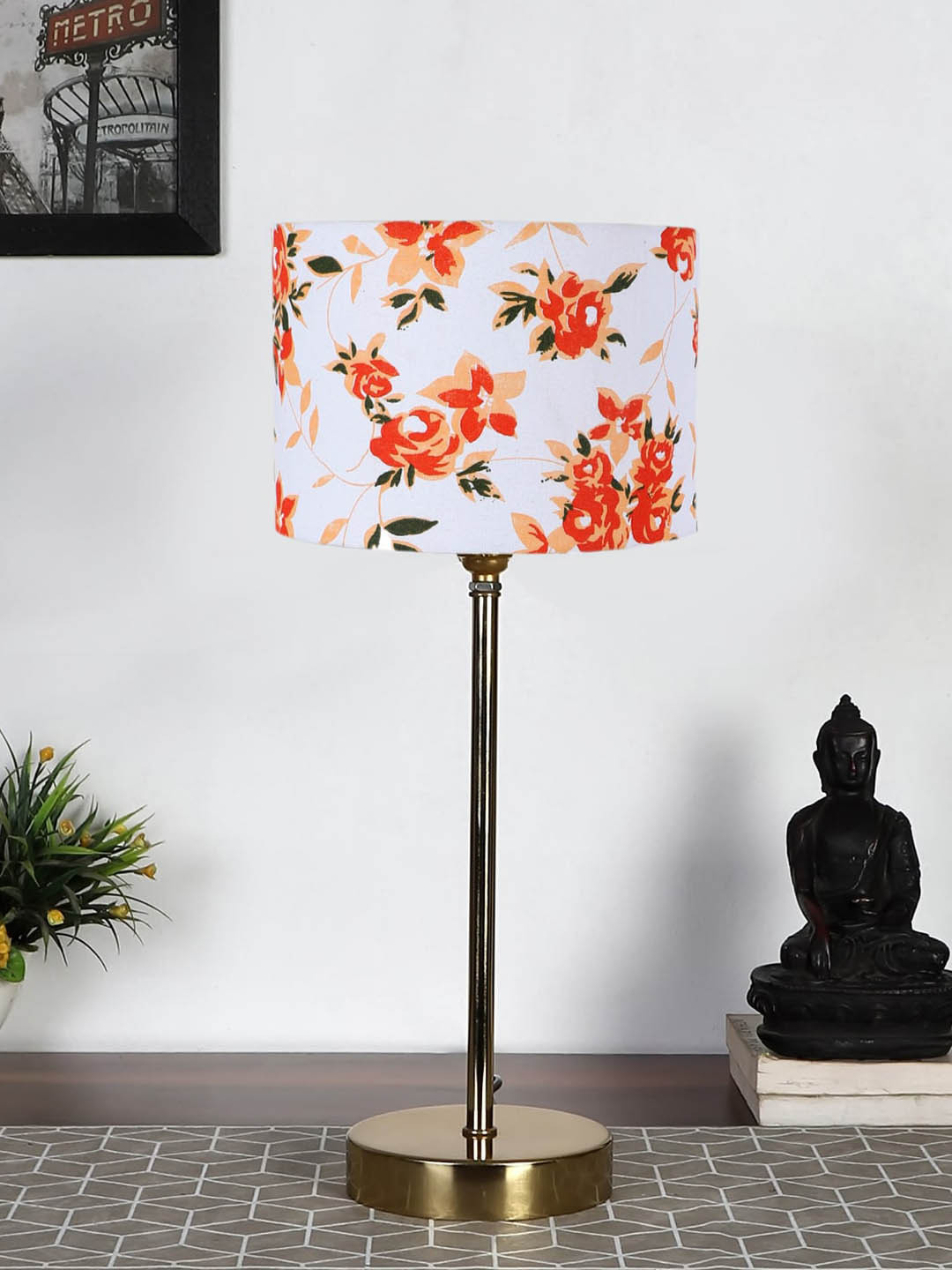 Devansh White Floral Metal Table Lamp With Cotton Shade