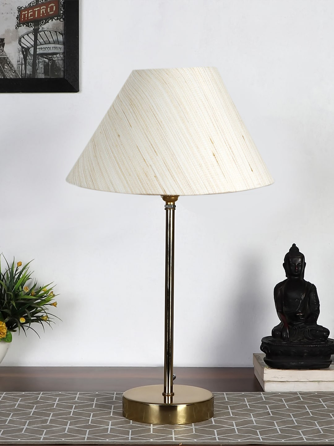 Devansh Off-White & Gold-Toned Metal Table Lamp With Cotton Shade
