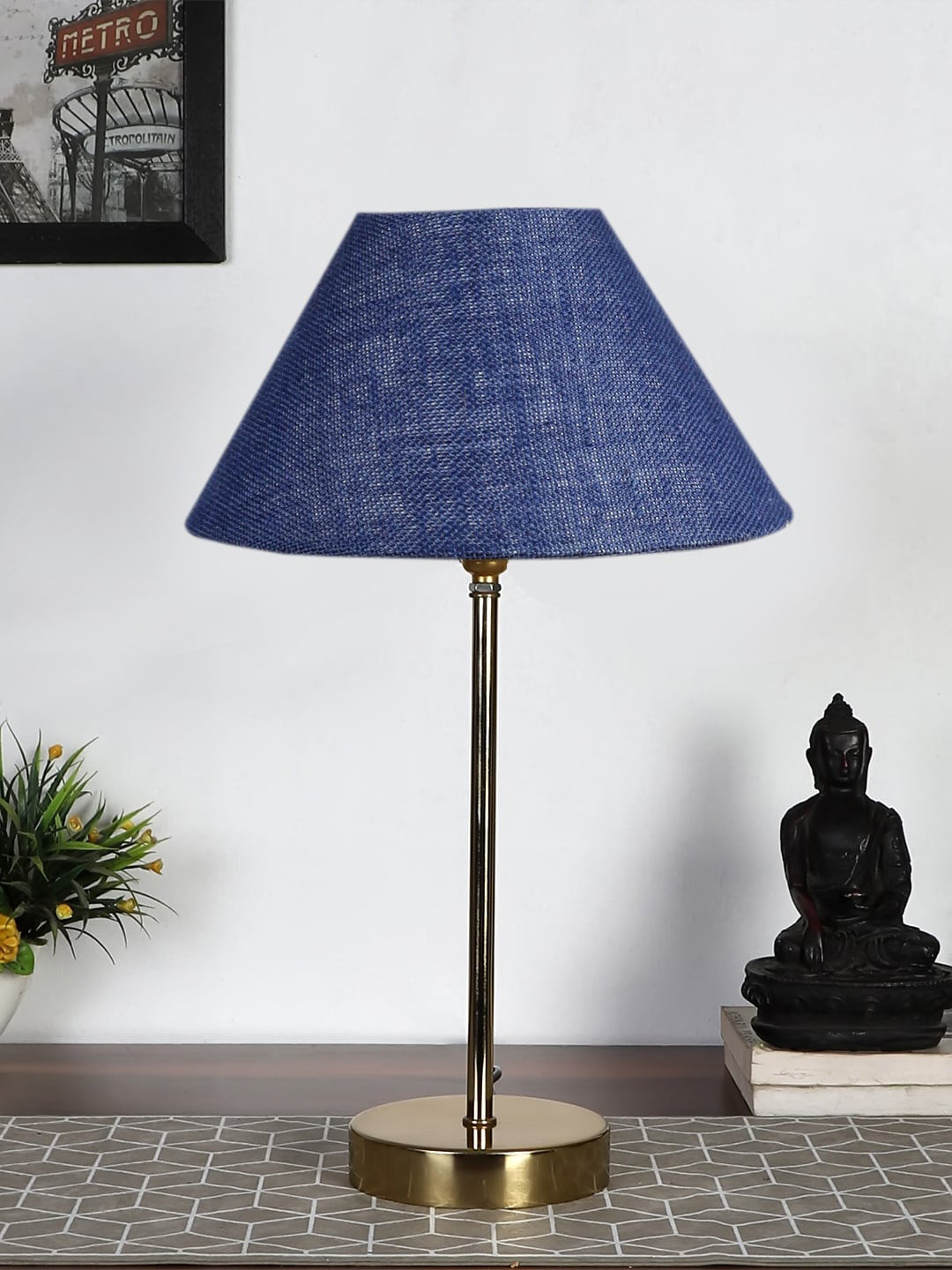 Devansh Blue Textured Metal Table Lamp With Jute Shade