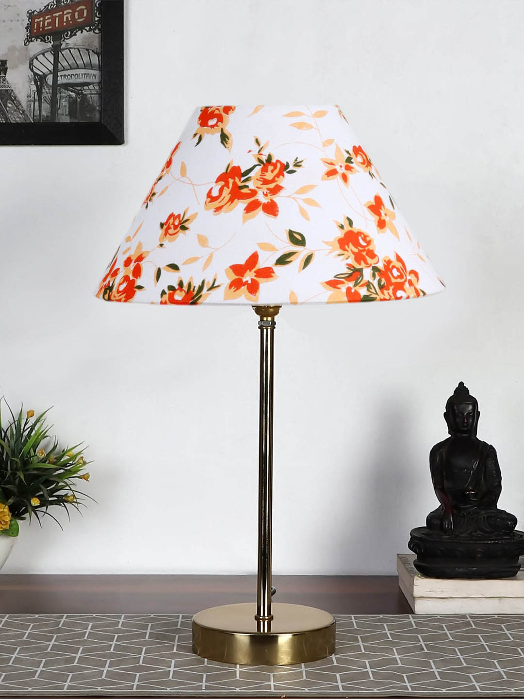 Devansh Off-White & Orange-Colored Floral Printed Metal Table Lamp With Cotton Shade