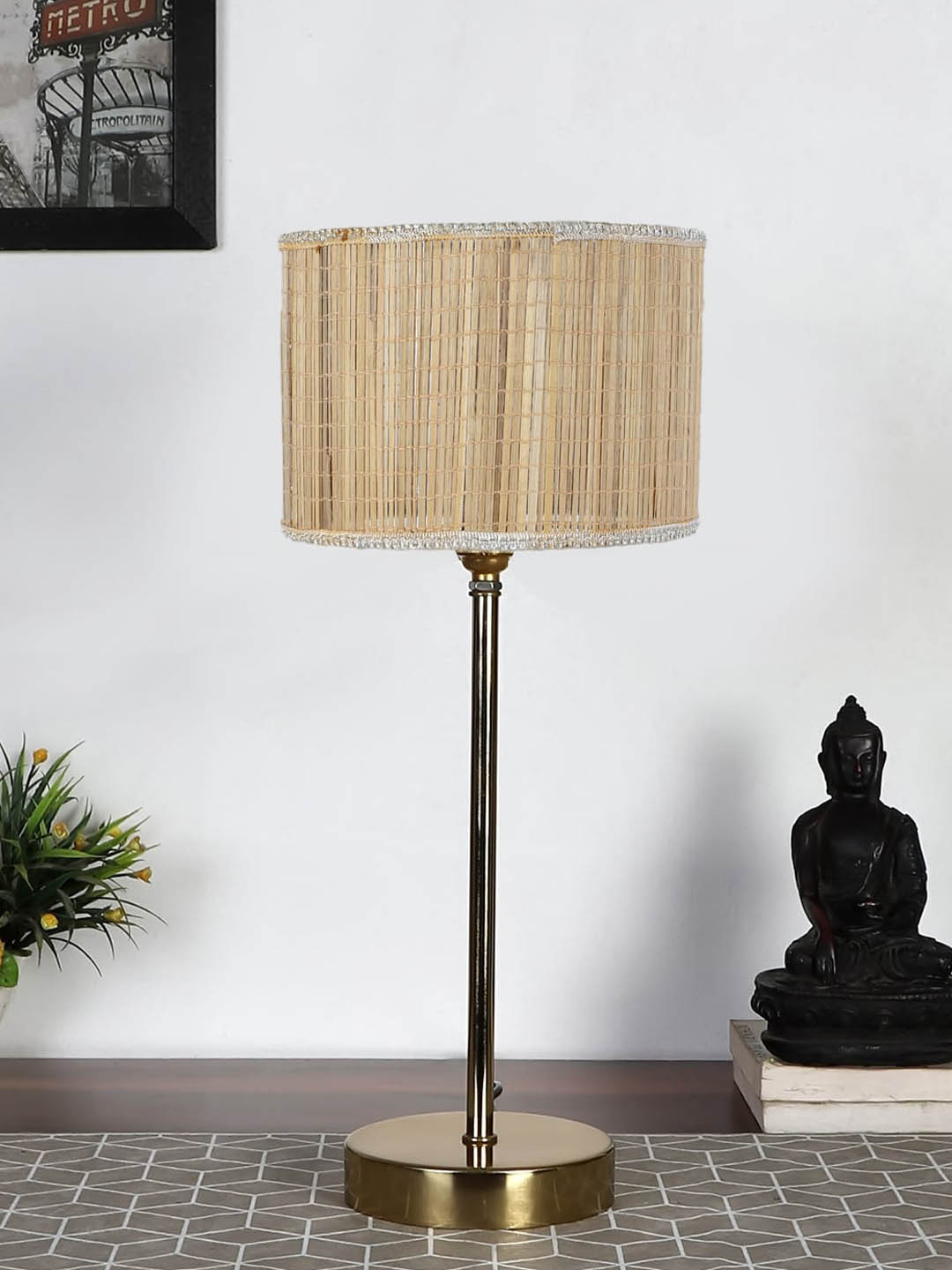 Devansh Beige Textured Metal Table Lamp With Bamboo Shade