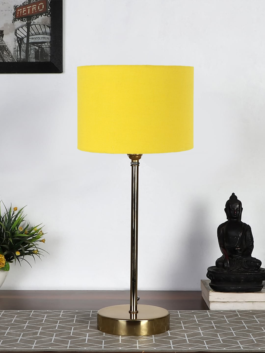 Devansh Yellow Metal Table Lamp With Cotton Shade