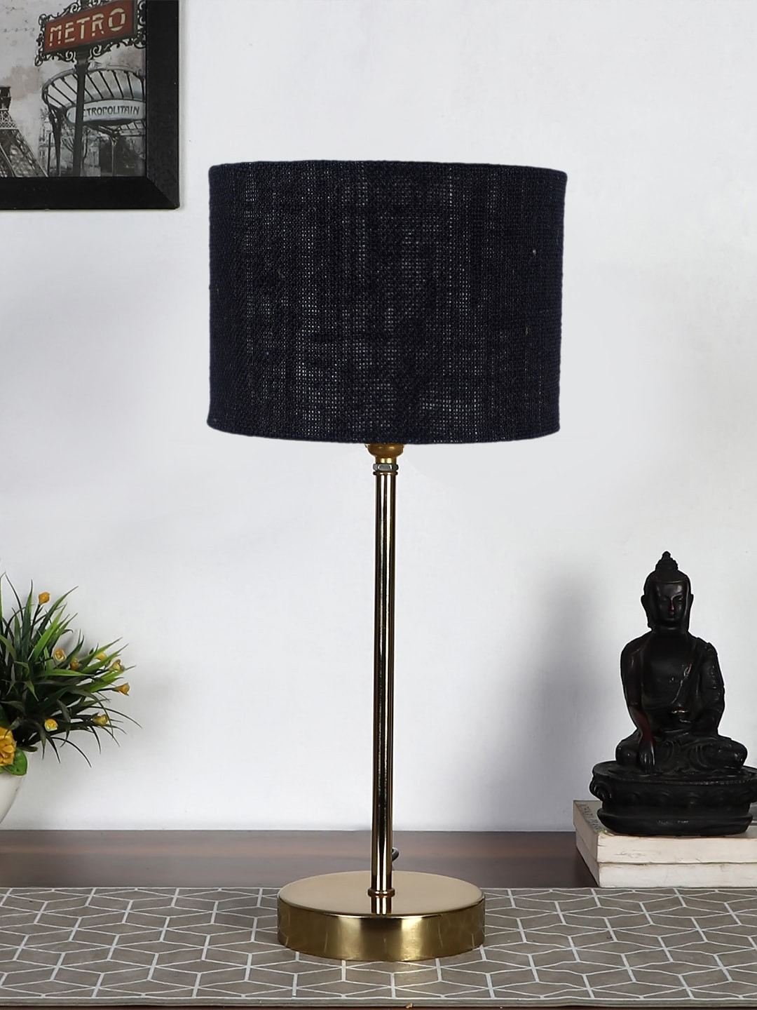 Devansh Black Textured Metal Table Lamp With Jute Shade