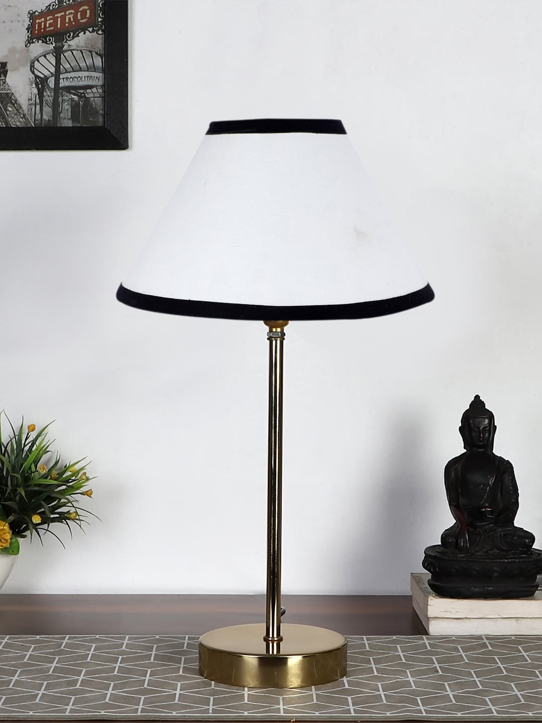 Devansh White & Black Metal Table Lamp With Cotton Shade