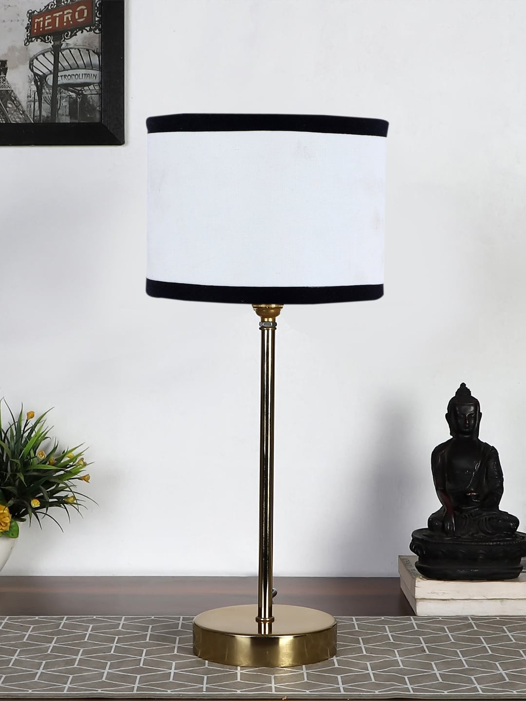 Devansh White & Black Metal Table Lamp With Cotton Shade