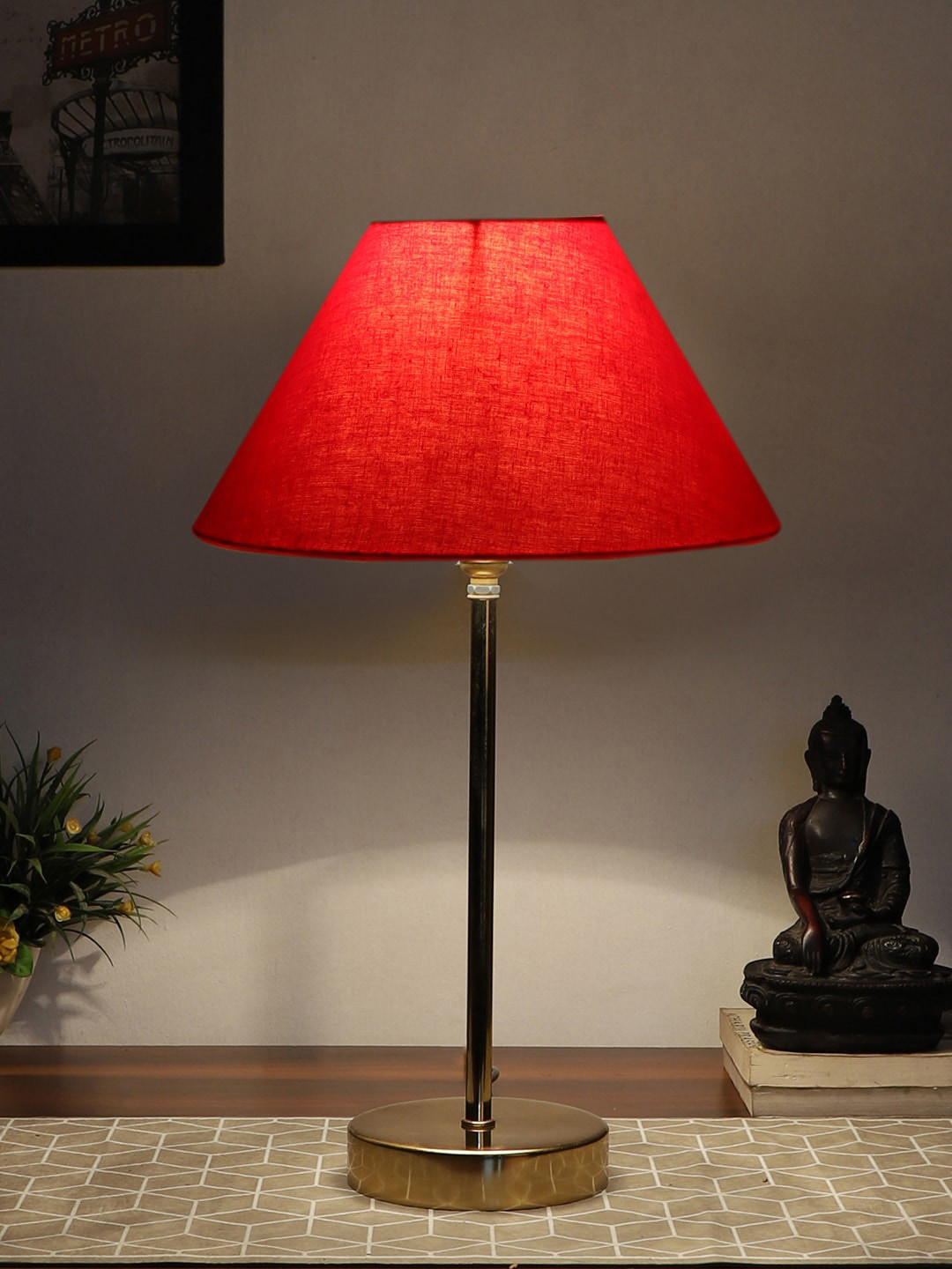 Devansh Red Metal Table Lamp With Cotton Shade