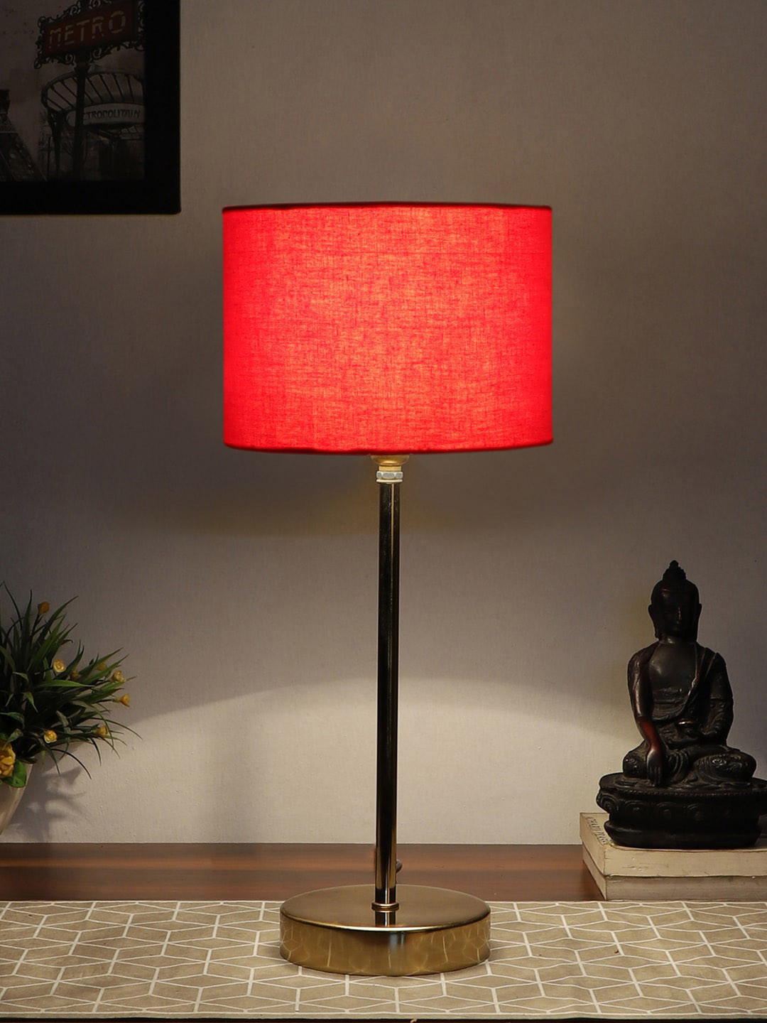Devansh Red Metal Table Lamp With Cotton Shade