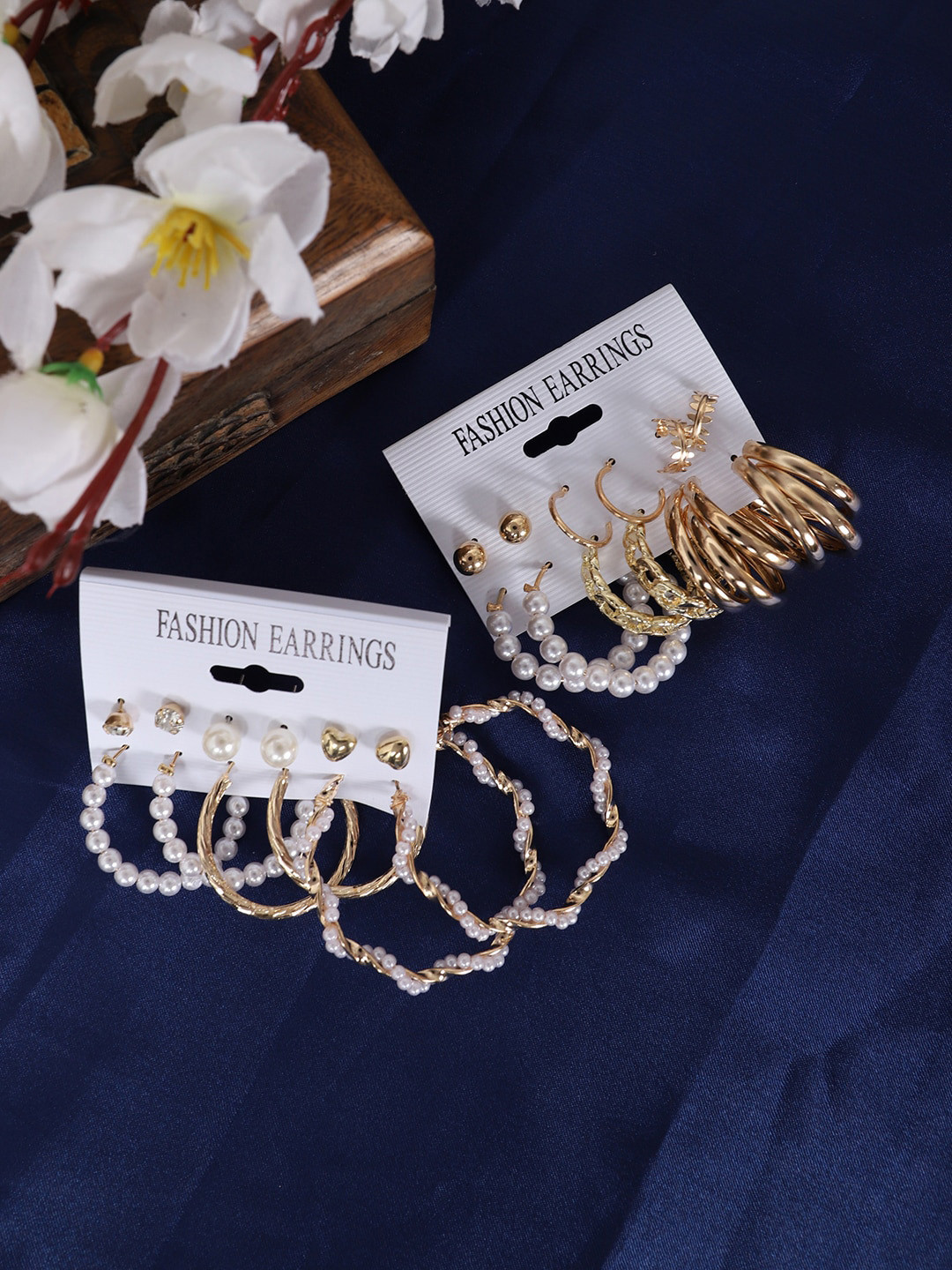 DressBerry Gold-Toned & White Set Of 12 Gold-Plated Contemporary Studs Earrings