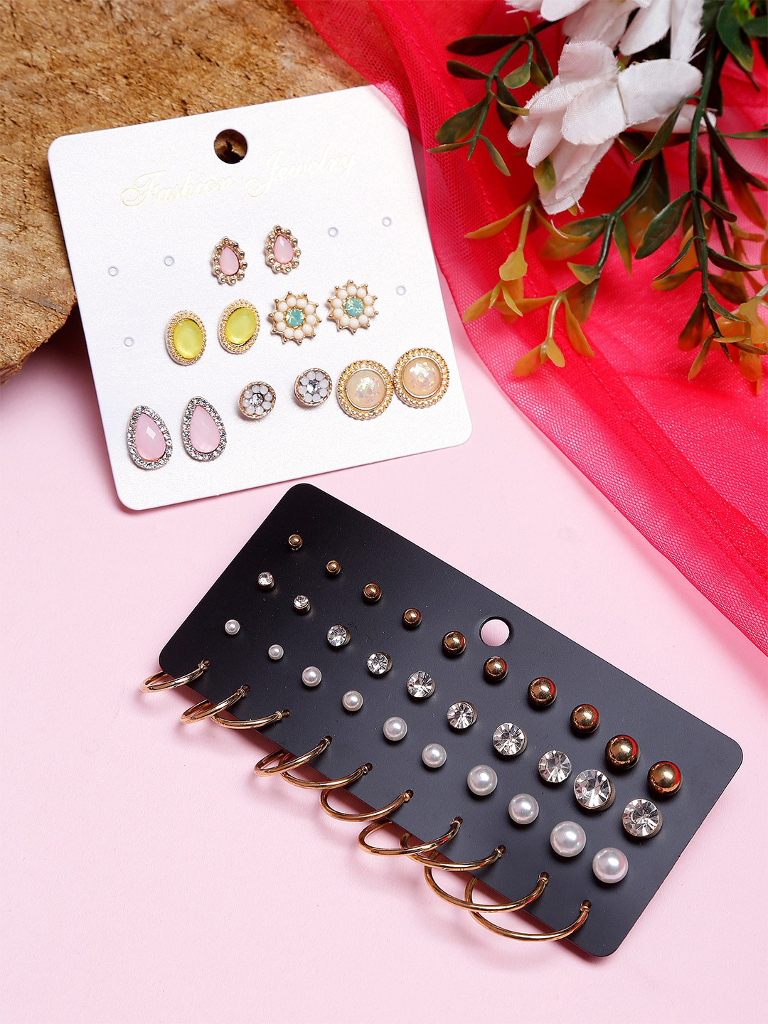 DressBerry Gold-Toned & White Set Of 26 Gold-Plated Contemporary Studs Earrings