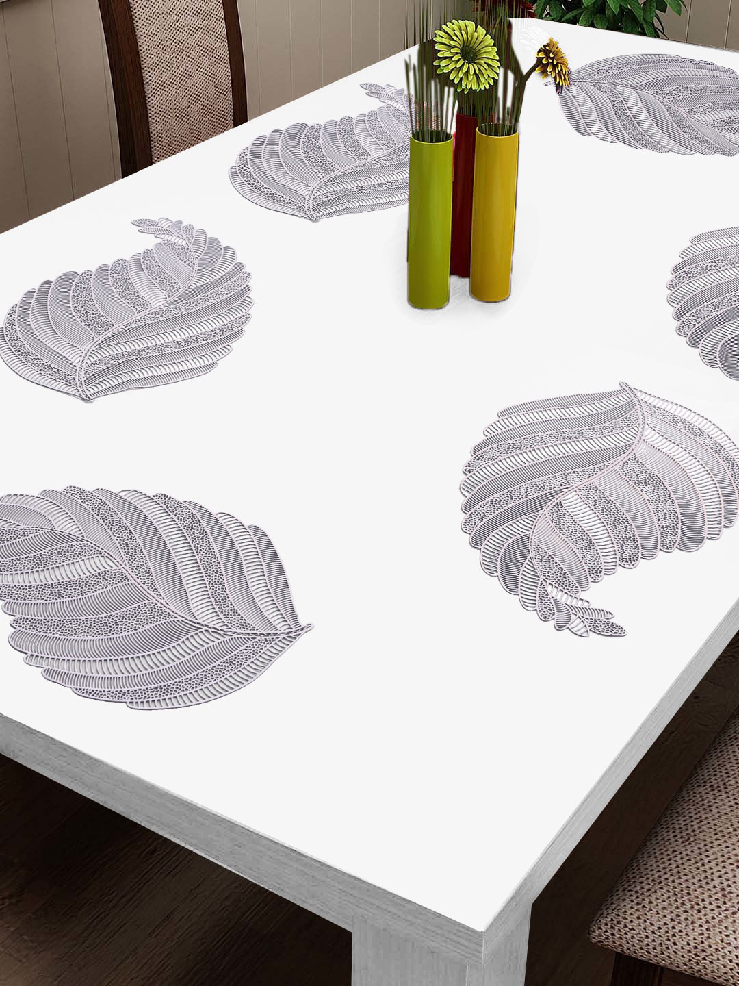 FABINALIV Silver Toned 6 Pieces Leaf Shape Textured PVC Table Placemats