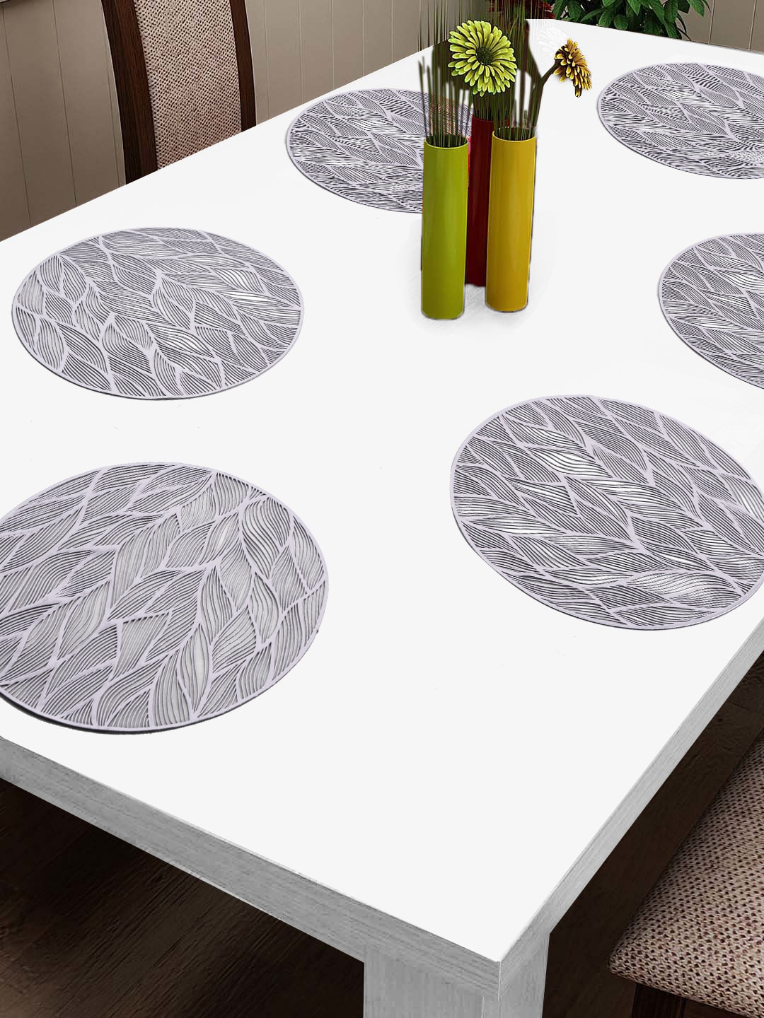 FABINALIV Silver Toned 6 Pieces Textured Table Placemats