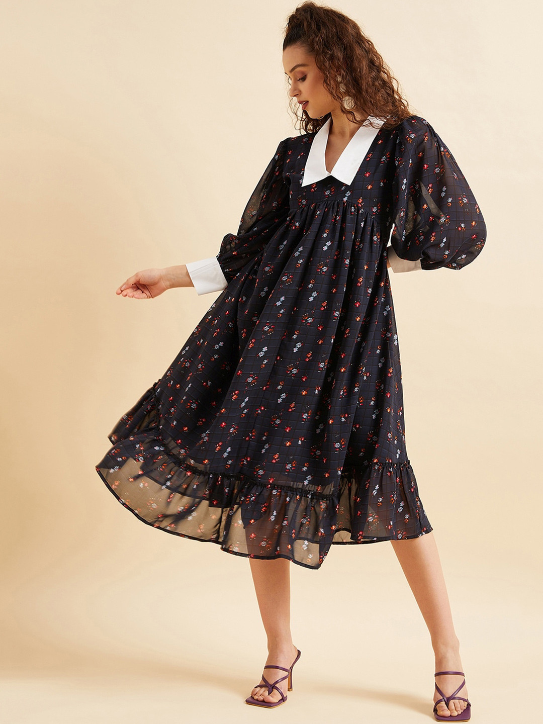 PANIT Floral Printed Puff Sleeve Ruffled Georgette Fit & Flare Midi Dress