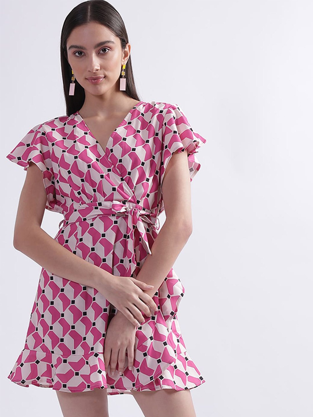 CENTRESTAGE Geometric Print Flutter Sleeves Dress