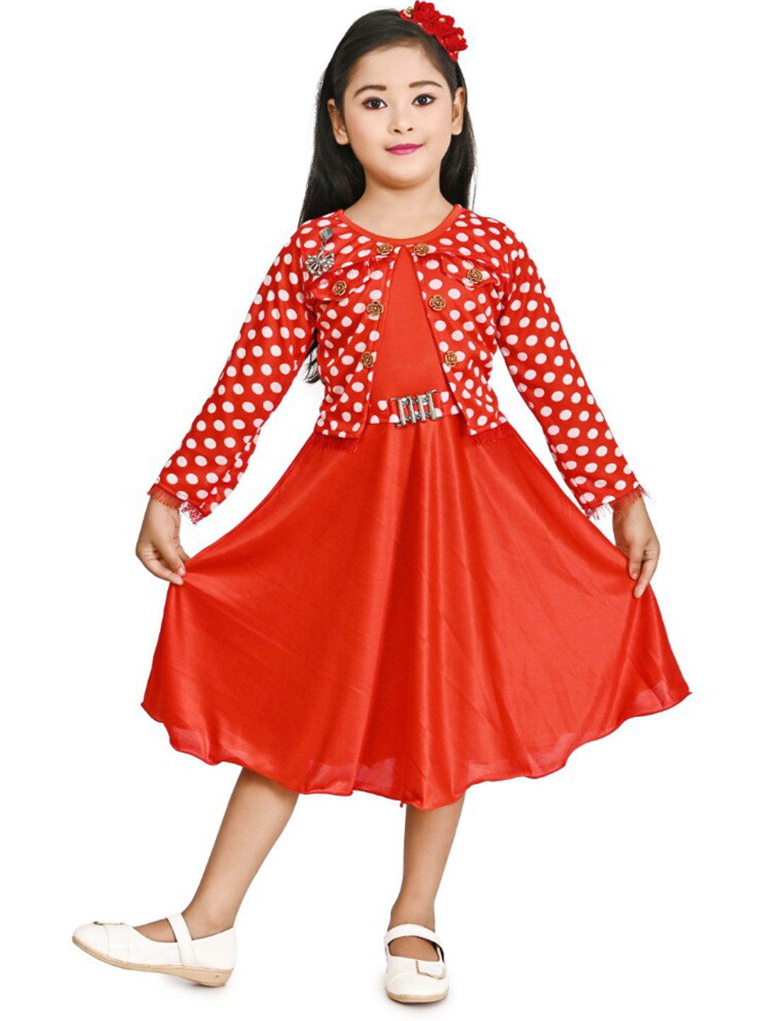 BAESD Girls Polka Dot Printed Bell Sleeve Fit & Flare Midi Dress
