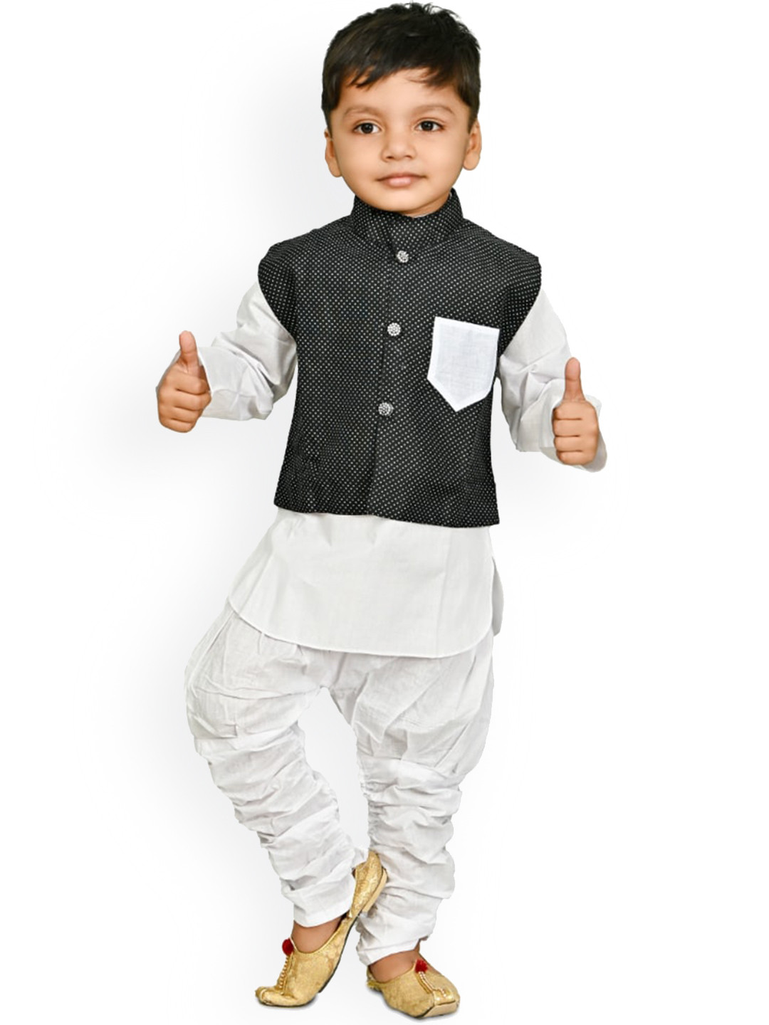 BAESD Boys White Printed Regular Kurta & Pyjamas With Waistcoat