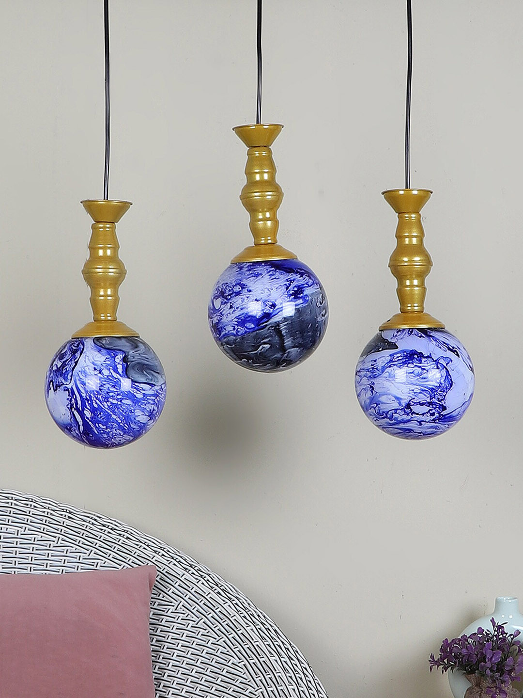 MFD HOME FURNISHING Gold Toned & Blue Textured Ceiling Lamp With 3 Light Shade