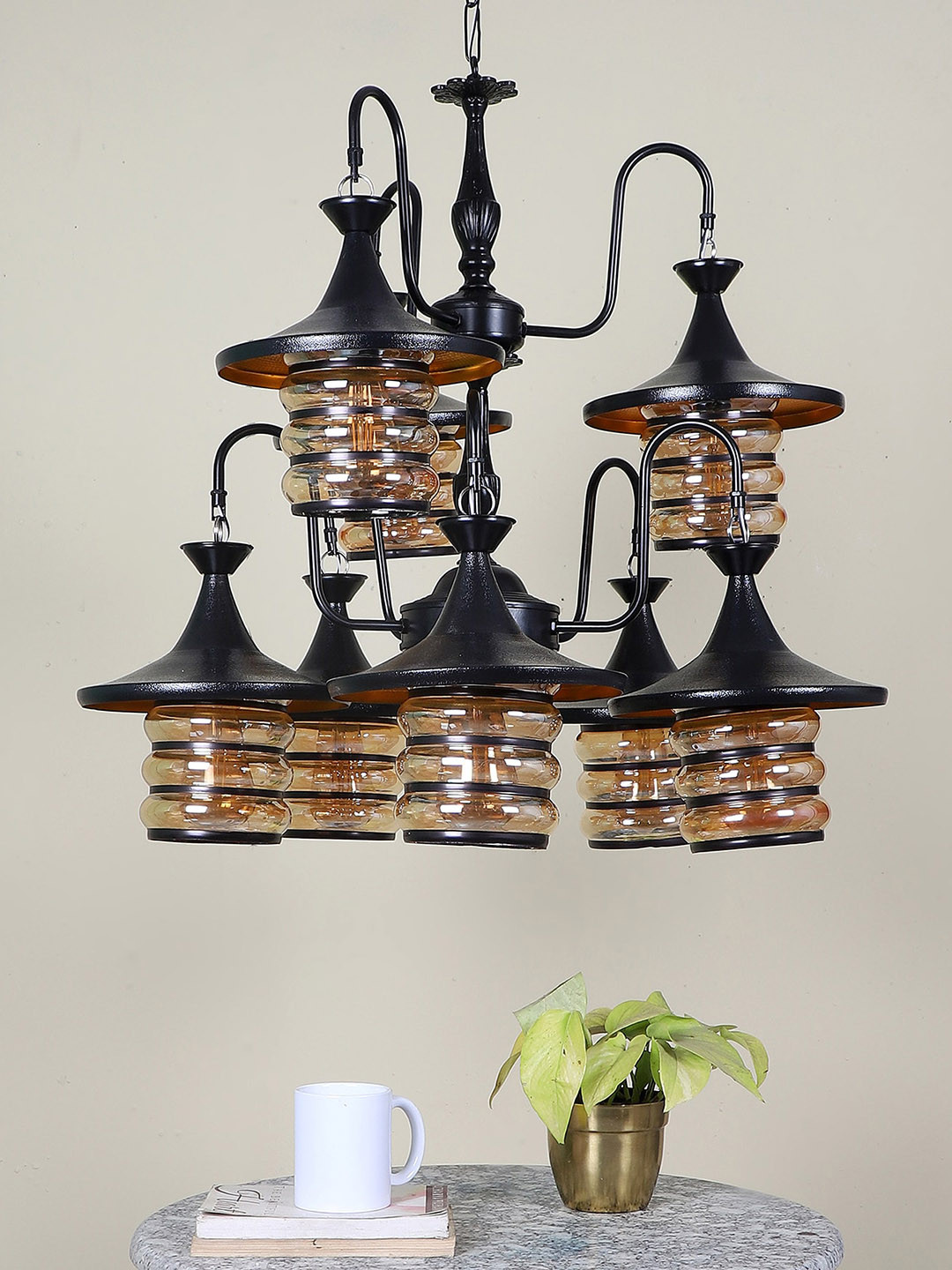 MFD HOME FURNISHING Black & Brown Textured Ceiling Lamp With 8 Light Shade