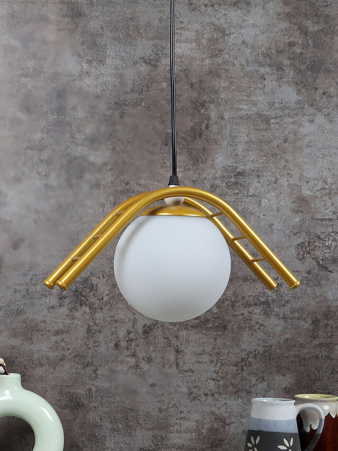 MFD HOME FURNISHING Gold Toned & White Textured Doom Light Shade Ceiling Lamp