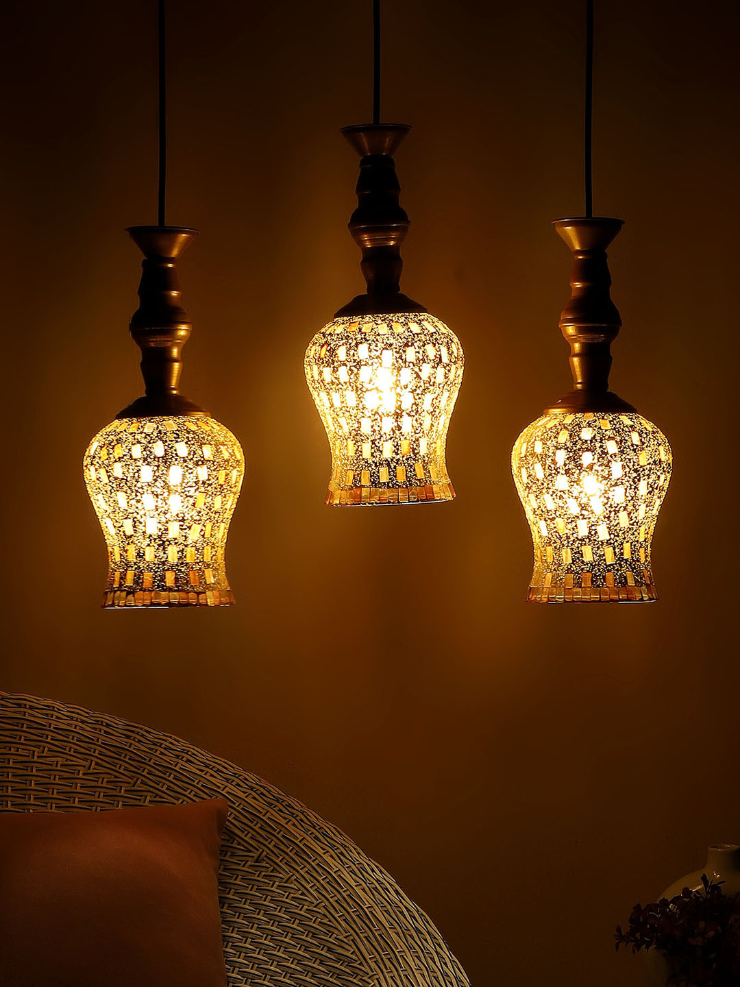 MFD HOME FURNISHING Beige & Red Textured 3 Shade Light  Ceiling Lamp