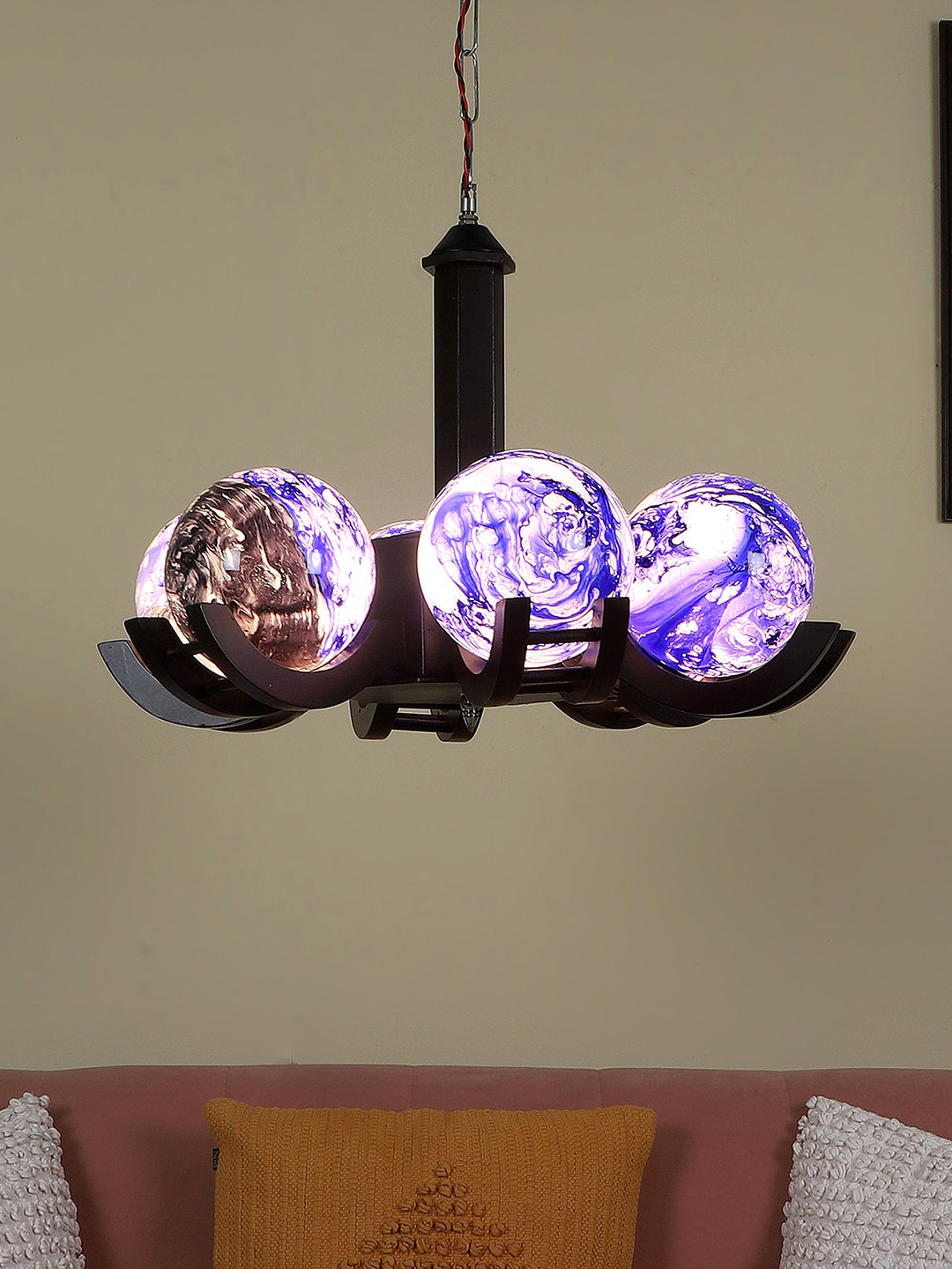 MFD HOME FURNISHING Black & Purple Marble Design Metal Chandelier With 6 Lights