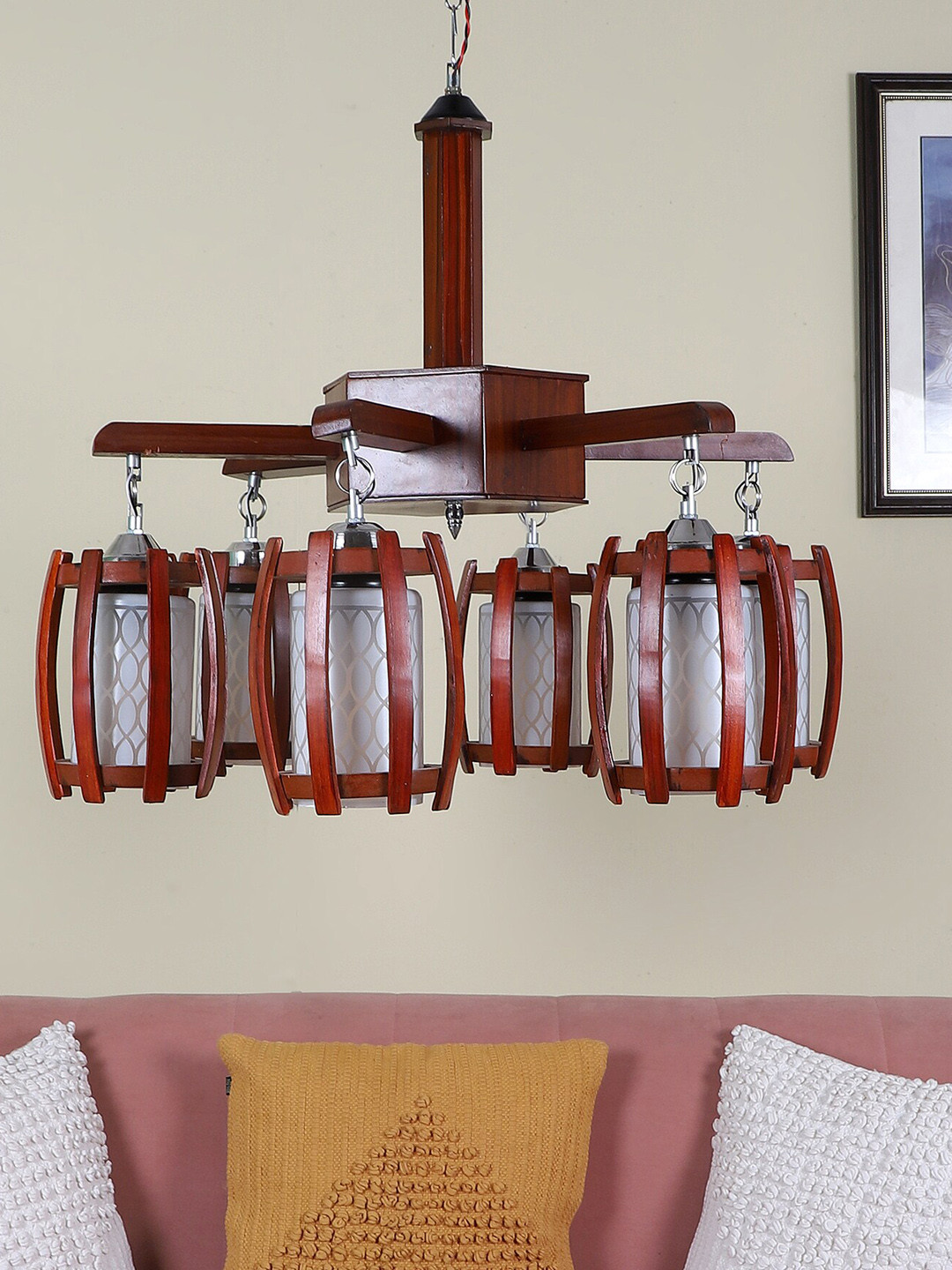 MFD HOME FURNISHING Brown Wooden Chandelier With 6 Lights