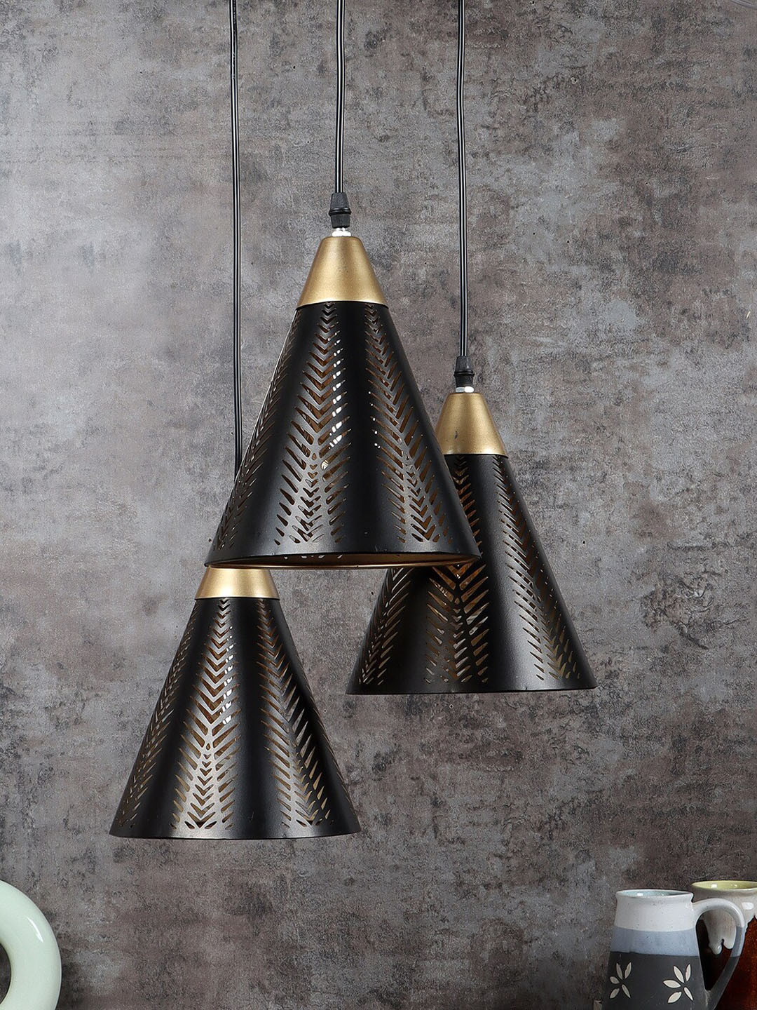 MFD HOME FURNISHING Black & Beige Textured Ceiling Lamp With 3 Shade Light