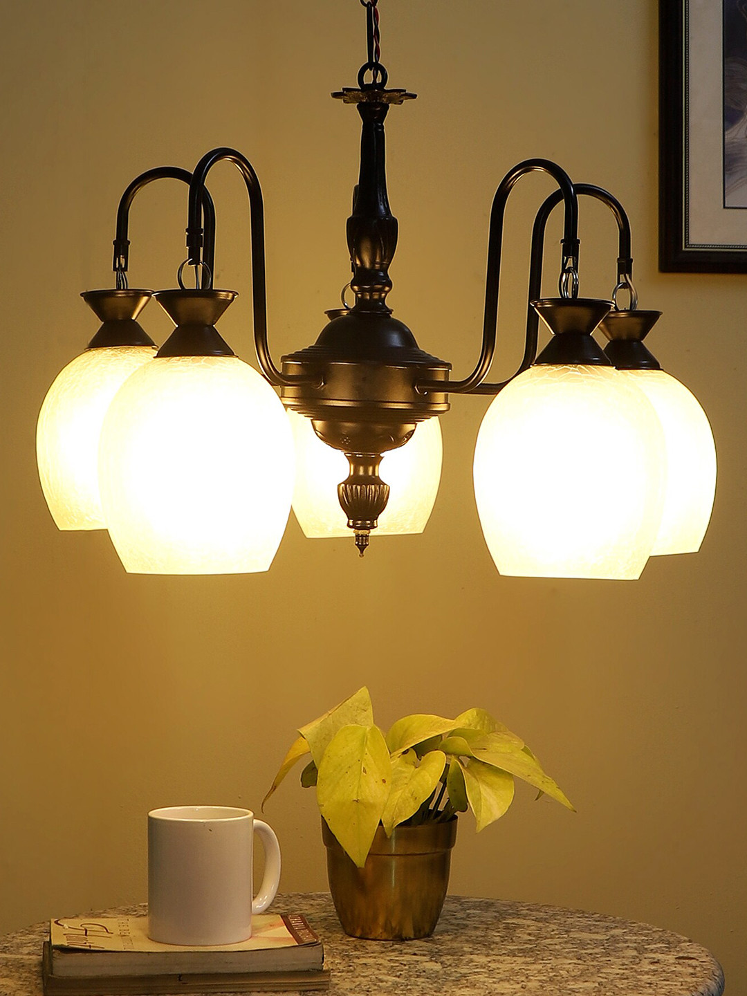 MFD HOME FURNISHING Black & White Textured 5 Shade Light Ceiling Lamp
