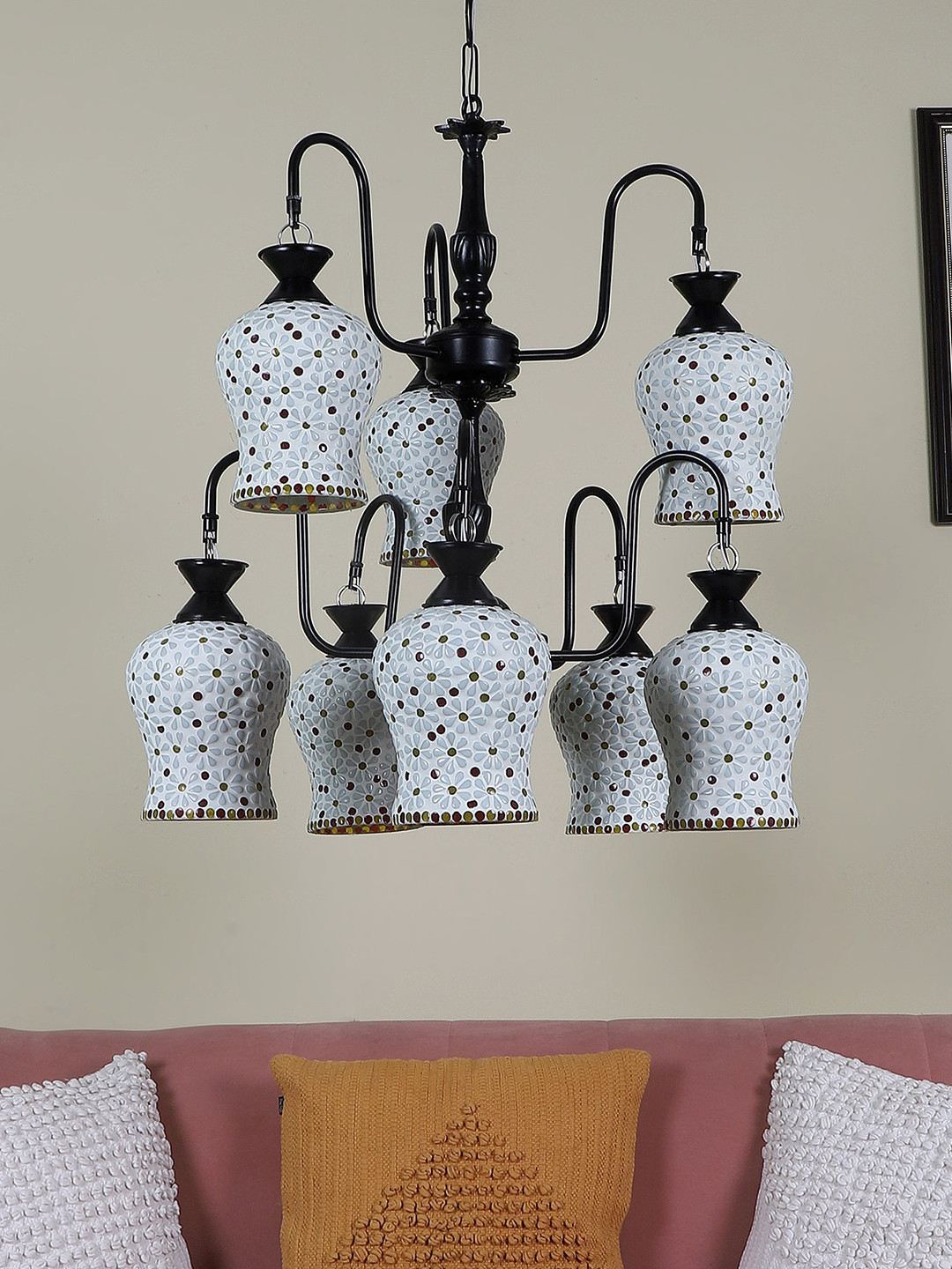 MFD HOME FURNISHING Black & White Textured Ceiling Lamp With 8 Shade Light