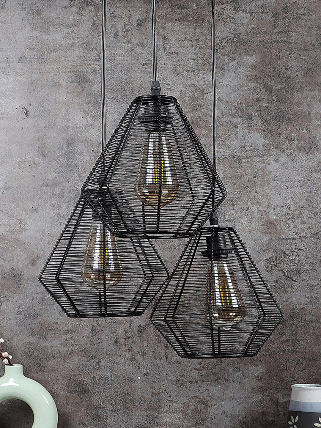 MFD HOME FURNISHING Black & Beige Textured Ceiling Lamp With 3 Shade Light