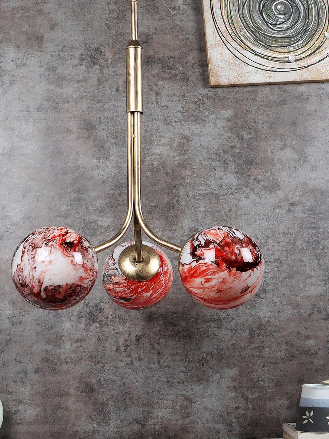 MFD HOME FURNISHING Gold Toned & Red Textured 3D Ceiling Lamp With 3 Shade Light