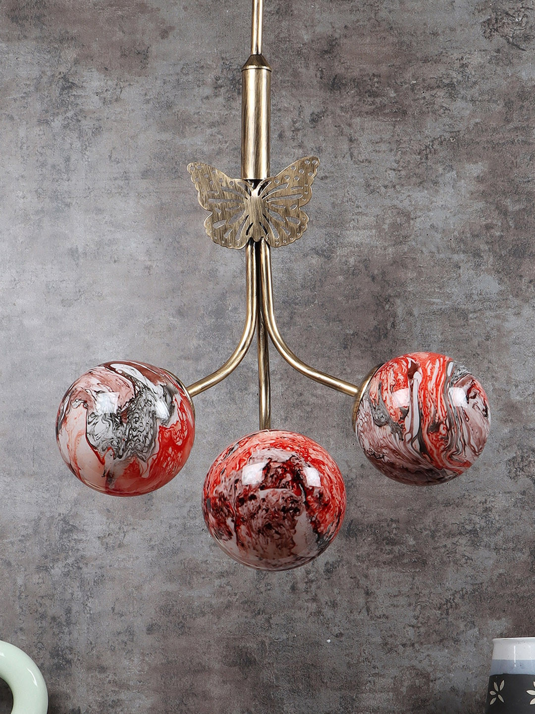 MFD HOME FURNISHING Beige & Red Textured 3 Shade Light Ceiling Lamp