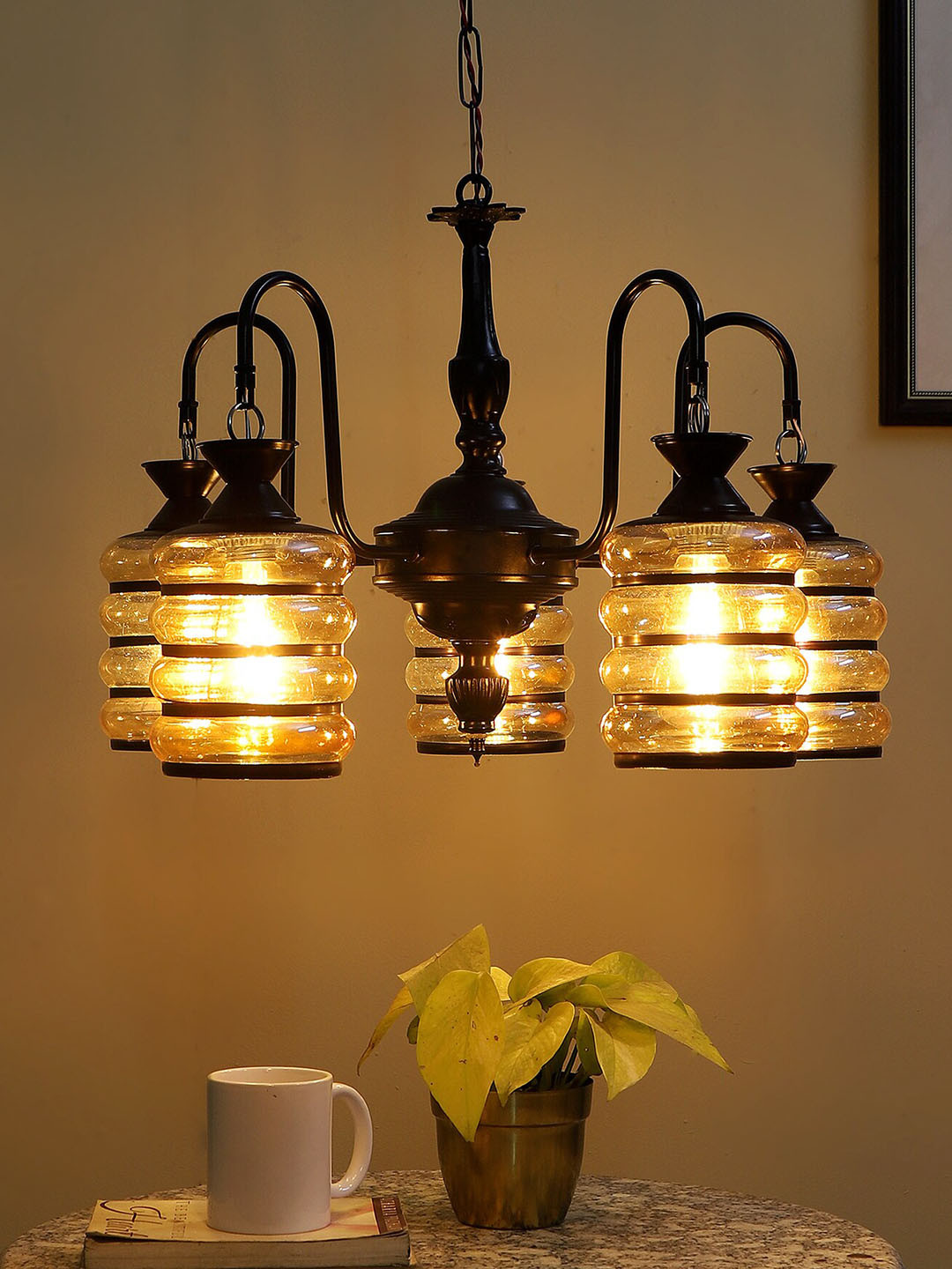 MFD HOME FURNISHING Black & Brown Metal Chandelier With 6 Lights