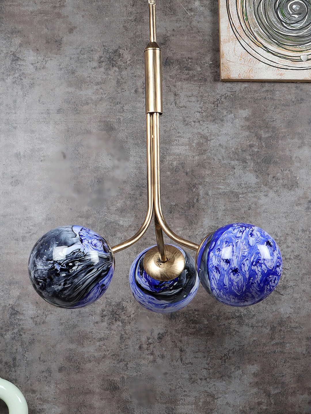 MFD HOME FURNISHING Beige & Blue Textured 3D Ceiling Lamp With 3 Shade Light