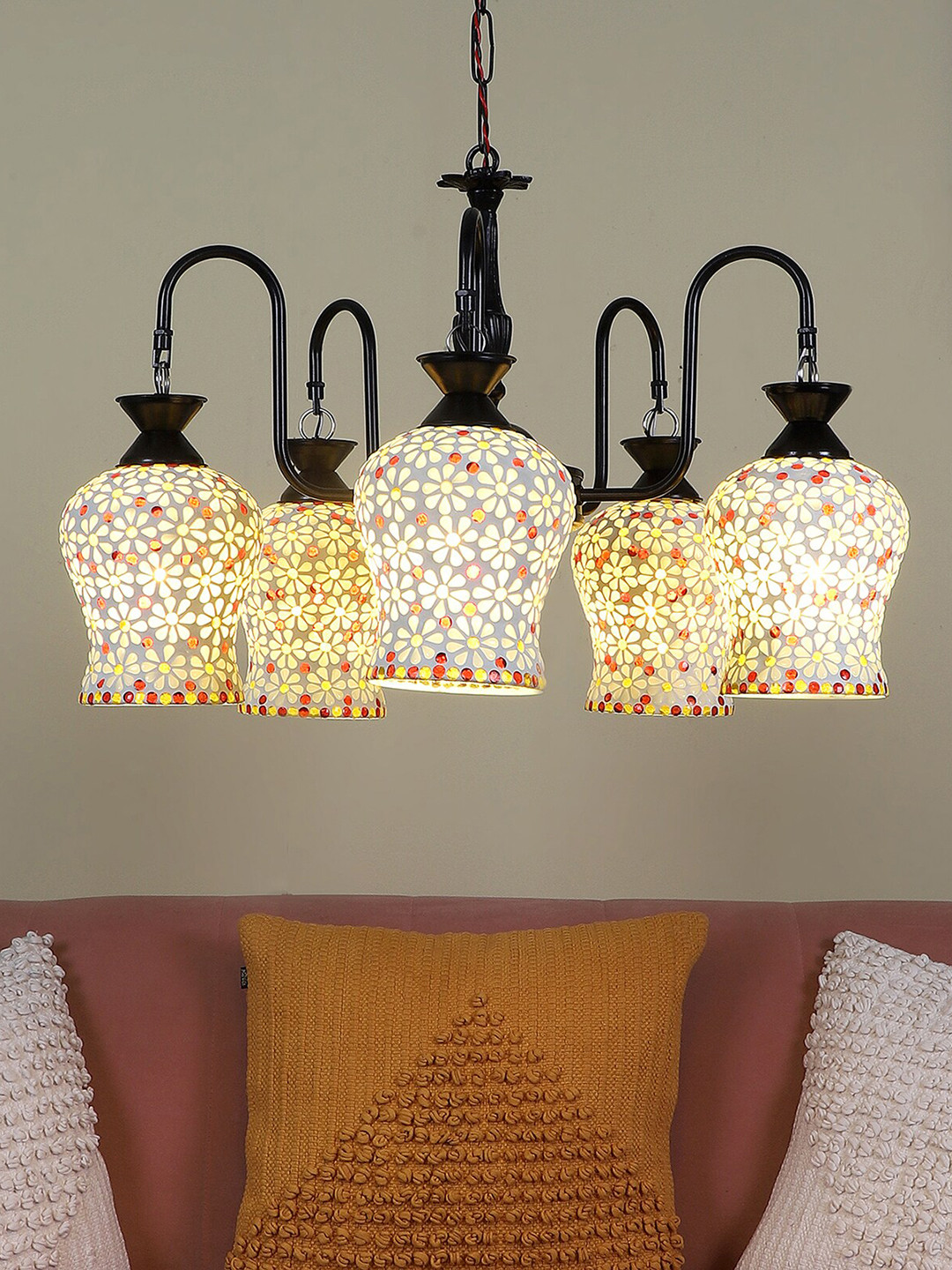 MFD HOME FURNISHING Black & White Mosaic Design Metal Chandelier With 6 Glass Lights