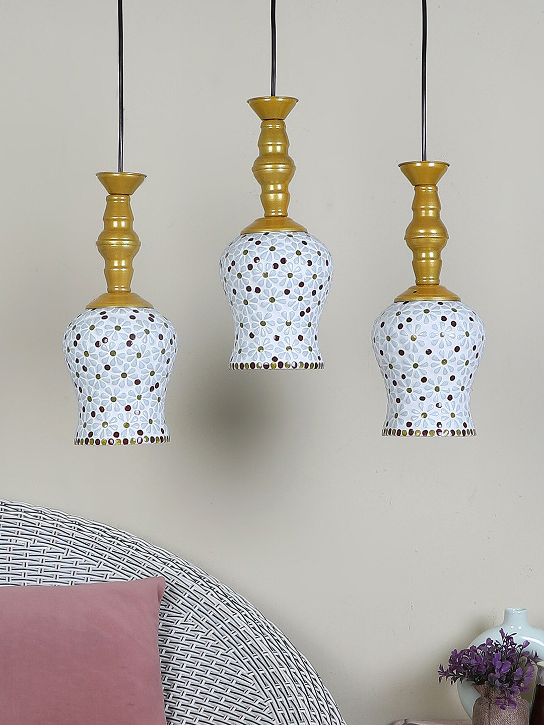 MFD HOME FURNISHING Beige & White Textured 3 Shade Light Ceiling Lamp